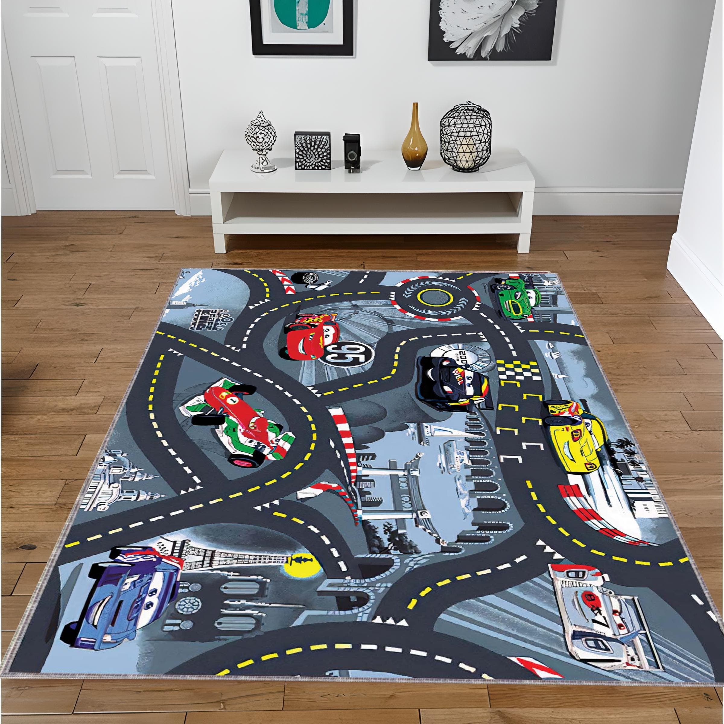 Race Track Kids Rug: Washable Non-Slip Metropolis Playmat - image 4