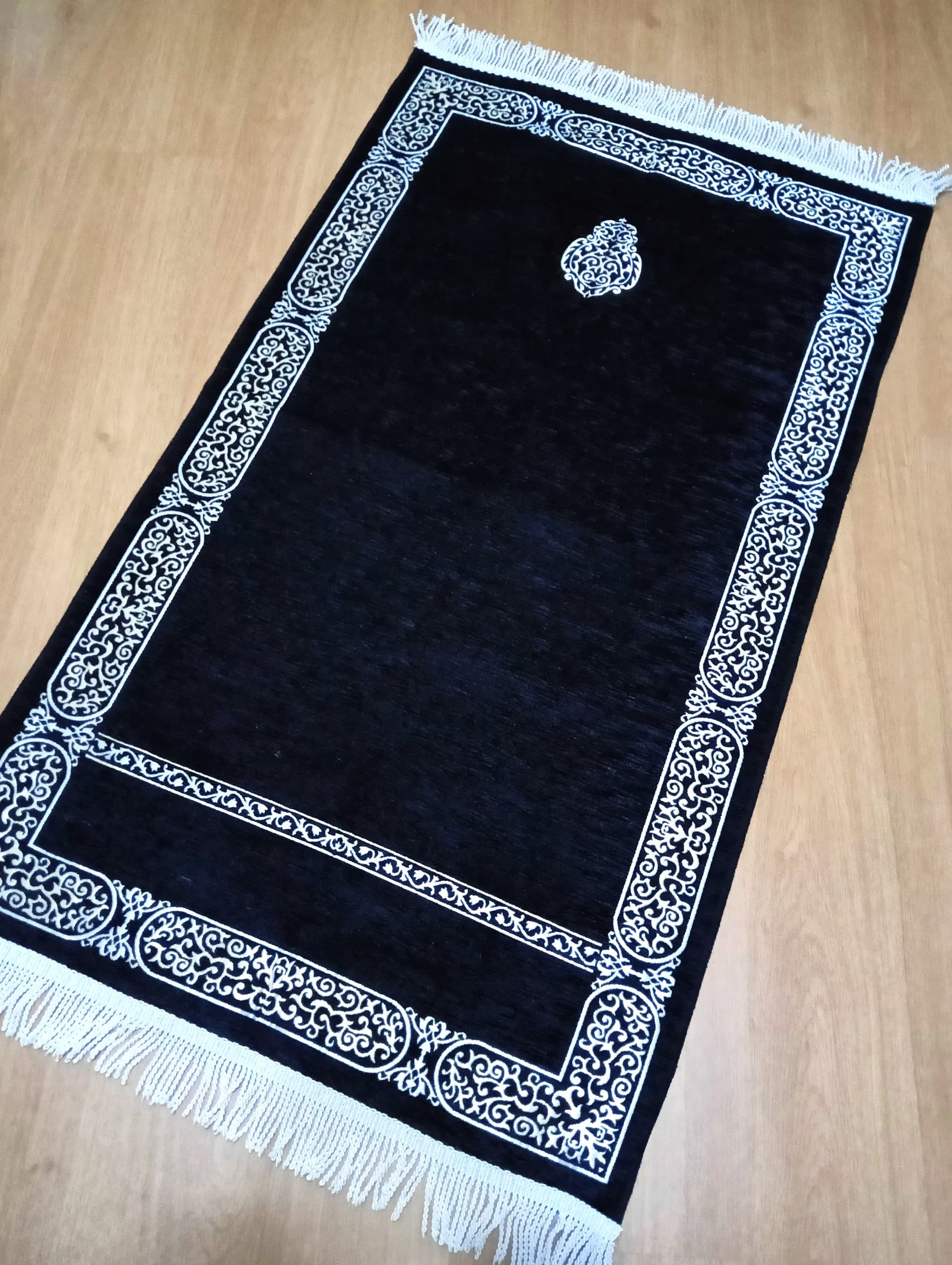 Black Chenille Prayer Rug, Islamic Design, Ramadan Gift