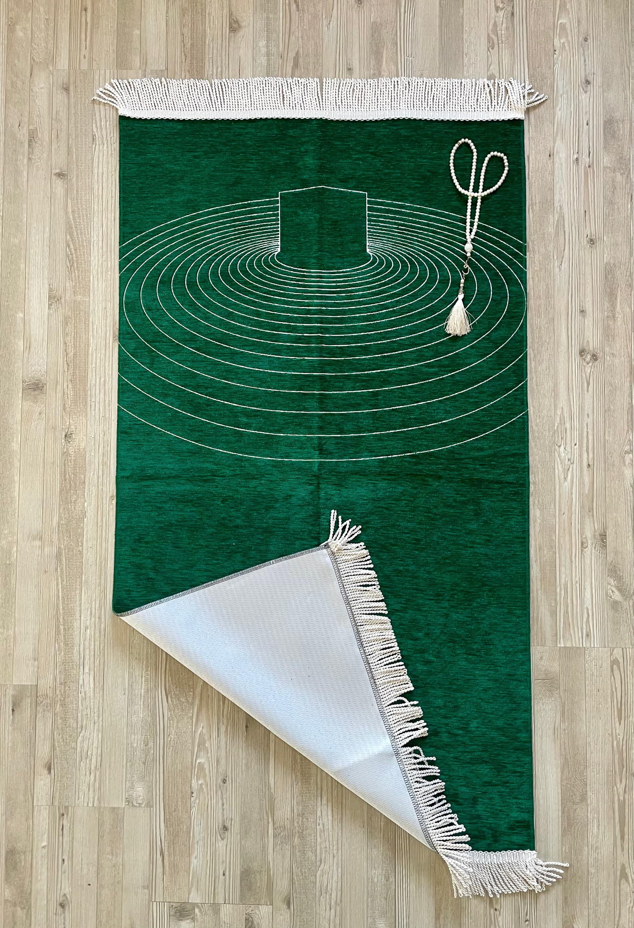Handmade Green Kaaba Pattern Prayer Mat: Chenille Cotton Rug - image 4
