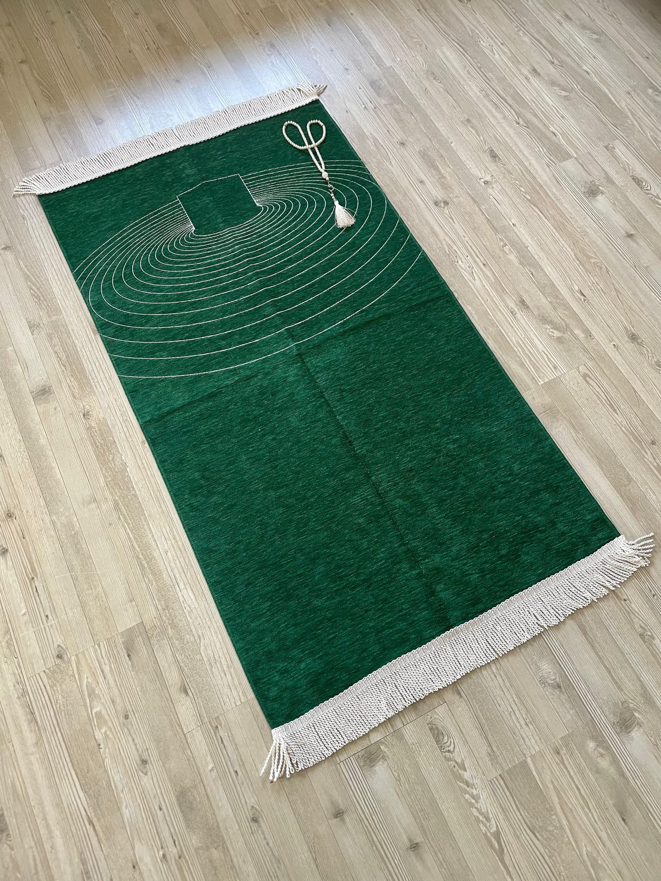 Handmade Green Kaaba Pattern Prayer Mat: Chenille Cotton Rug - image 3