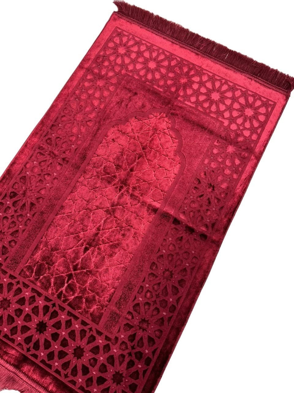 Red Chenille Prayer Mat: Handwoven Islamic Carpet