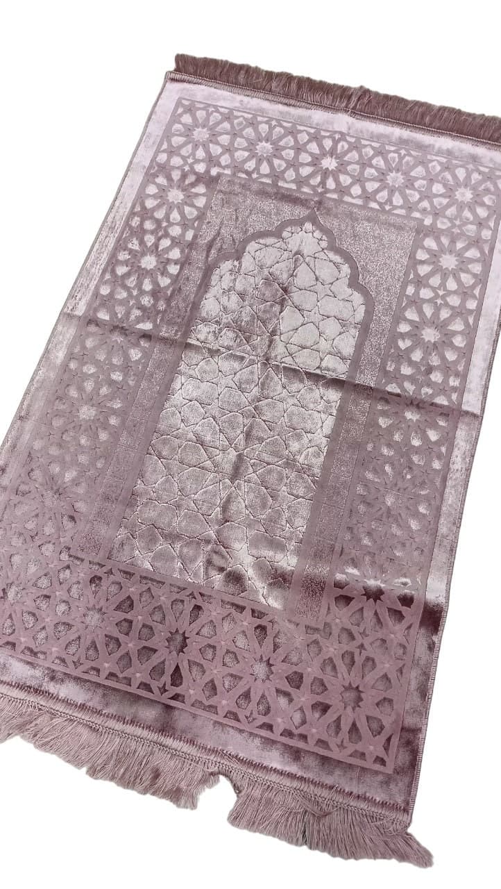 Pink Velvet Prayer Mat: Cotton Chenille, Islamic Carpet (3.7x2.1 ft)
