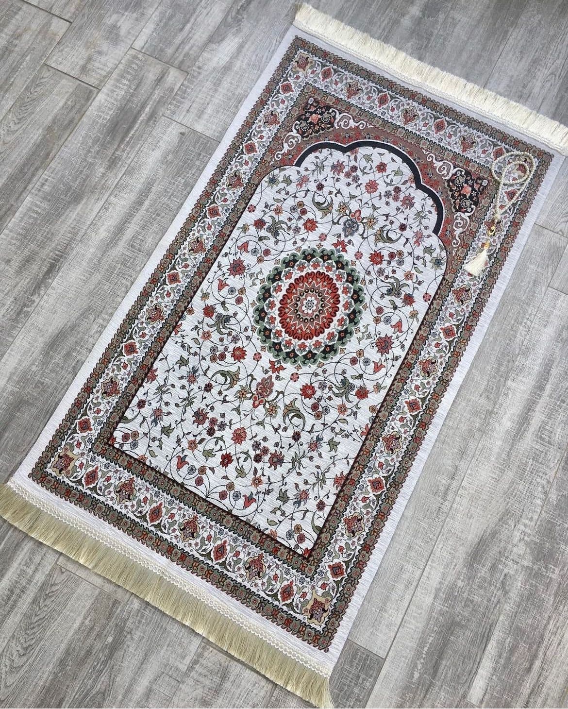 Personalized Floral Prayer Rug, Cotton Chenille, Islamic Gift