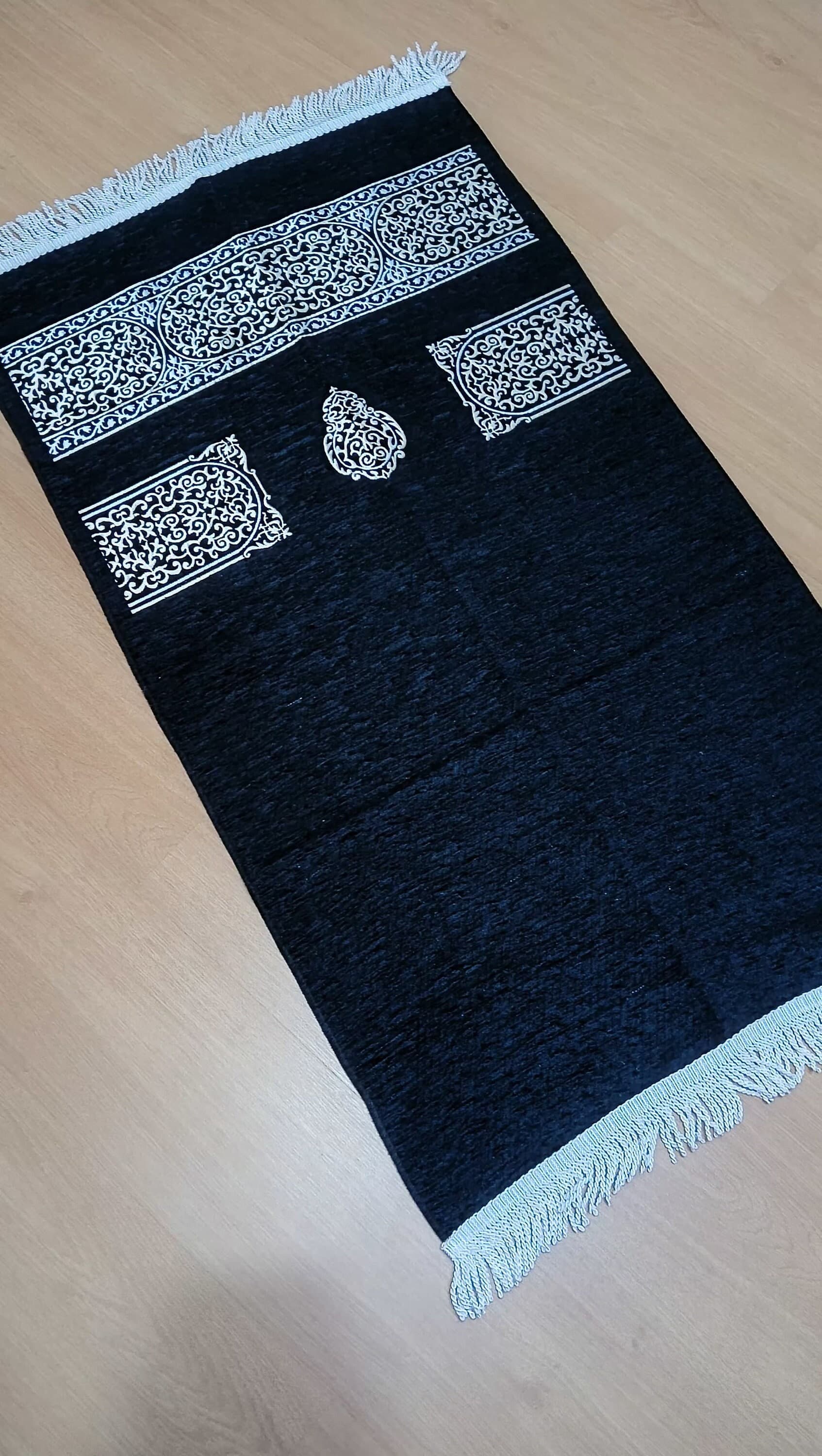 Black Chenille Prayer Mat: Islamic Rug, Ramadan Gift