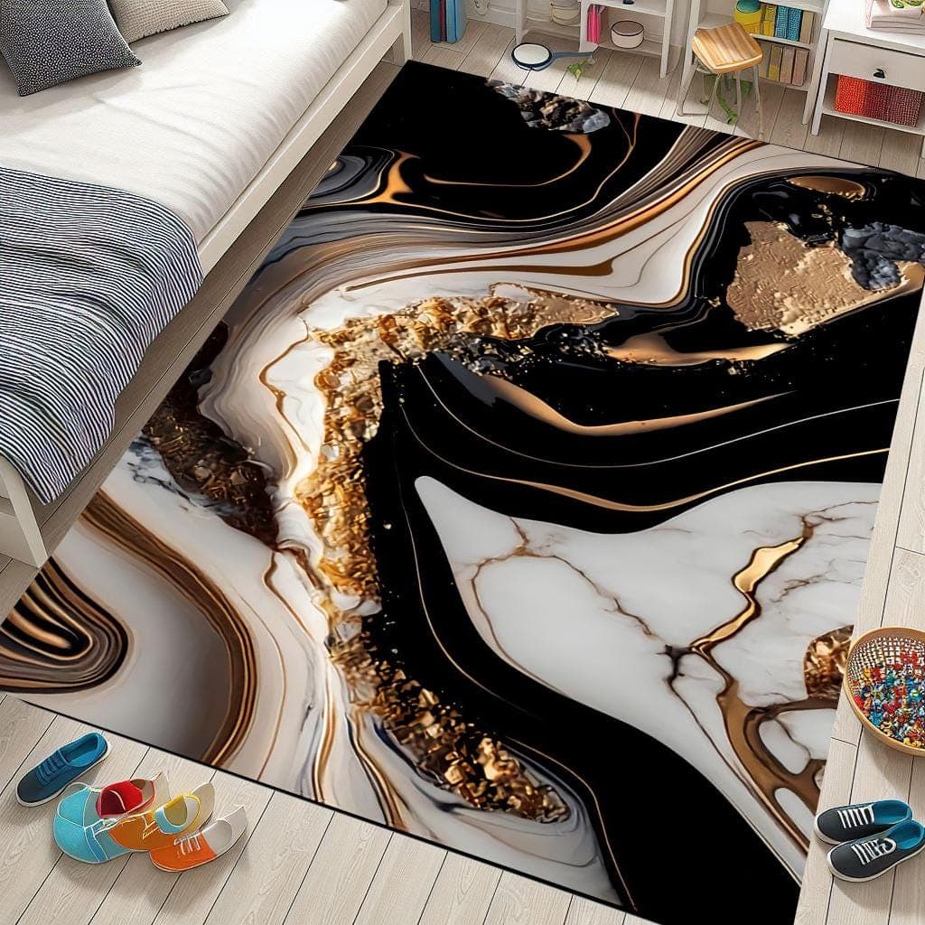 Gold Marble Pattern Rug: Modern Black and White Saloon Rug