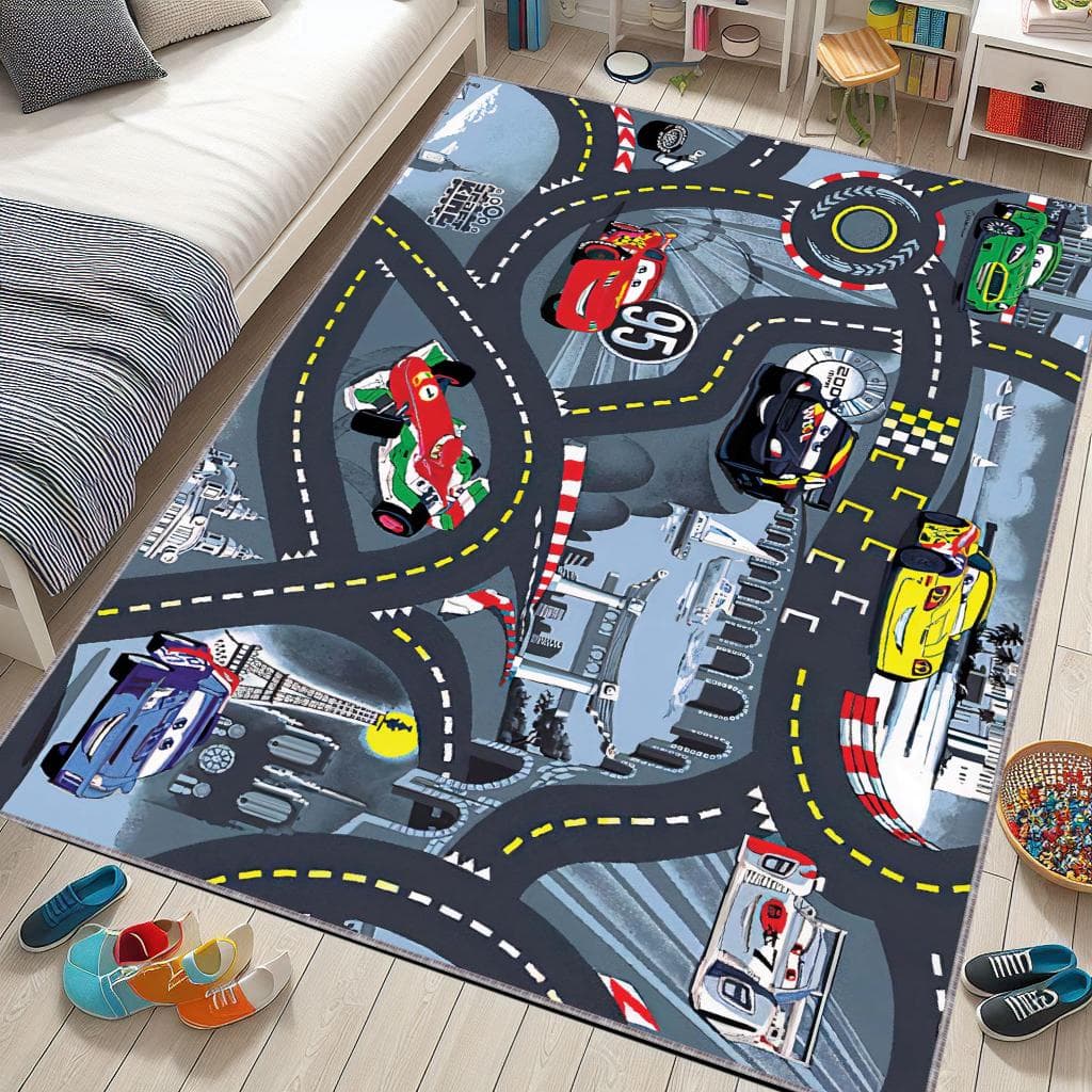 Race Track Kids Rug: Washable Non-Slip Metropolis Playmat