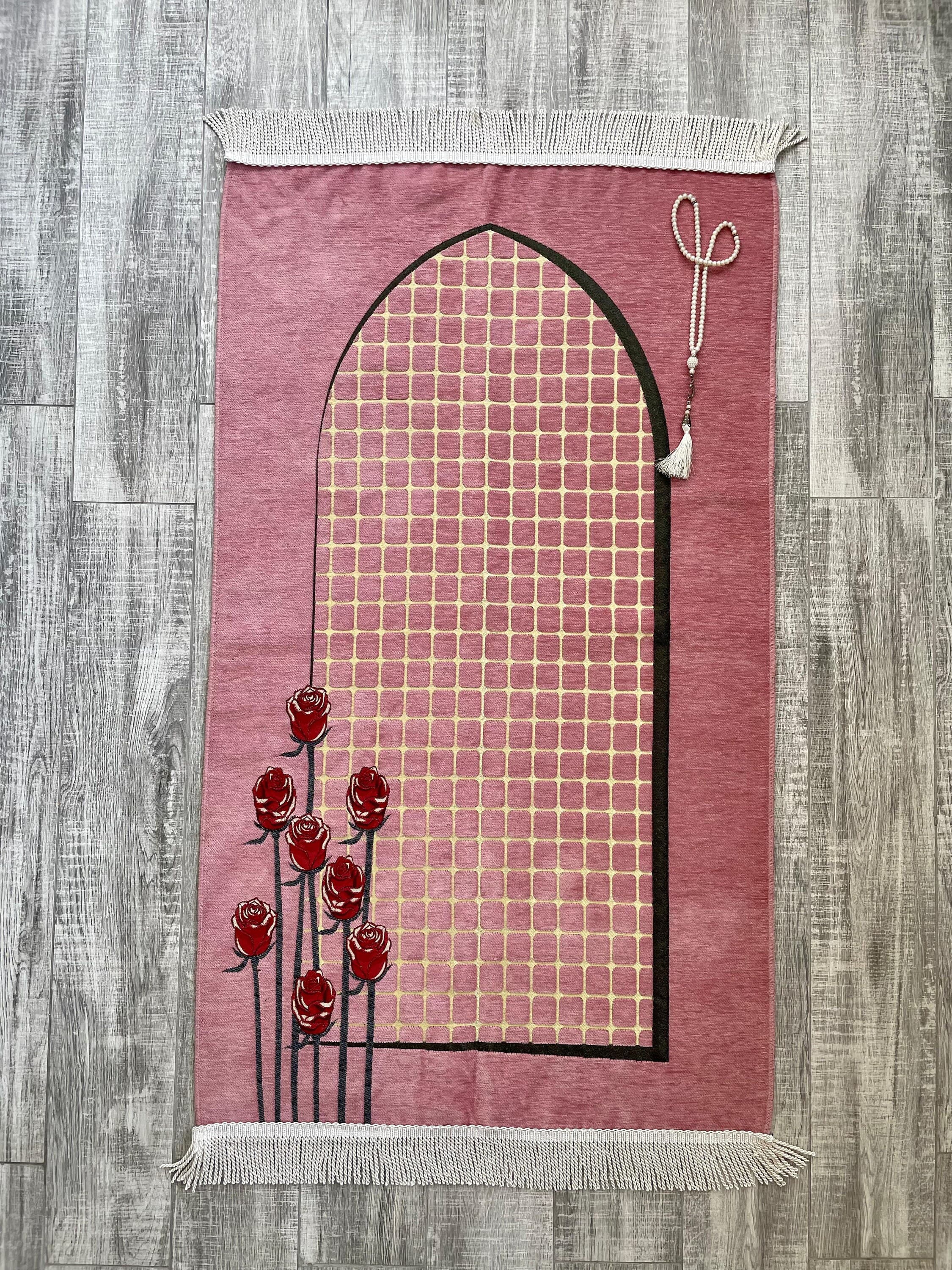 Pink Chenille Prayer Mat: Handwoven Muslim Gift (3.7x2.1 ft) - image 5