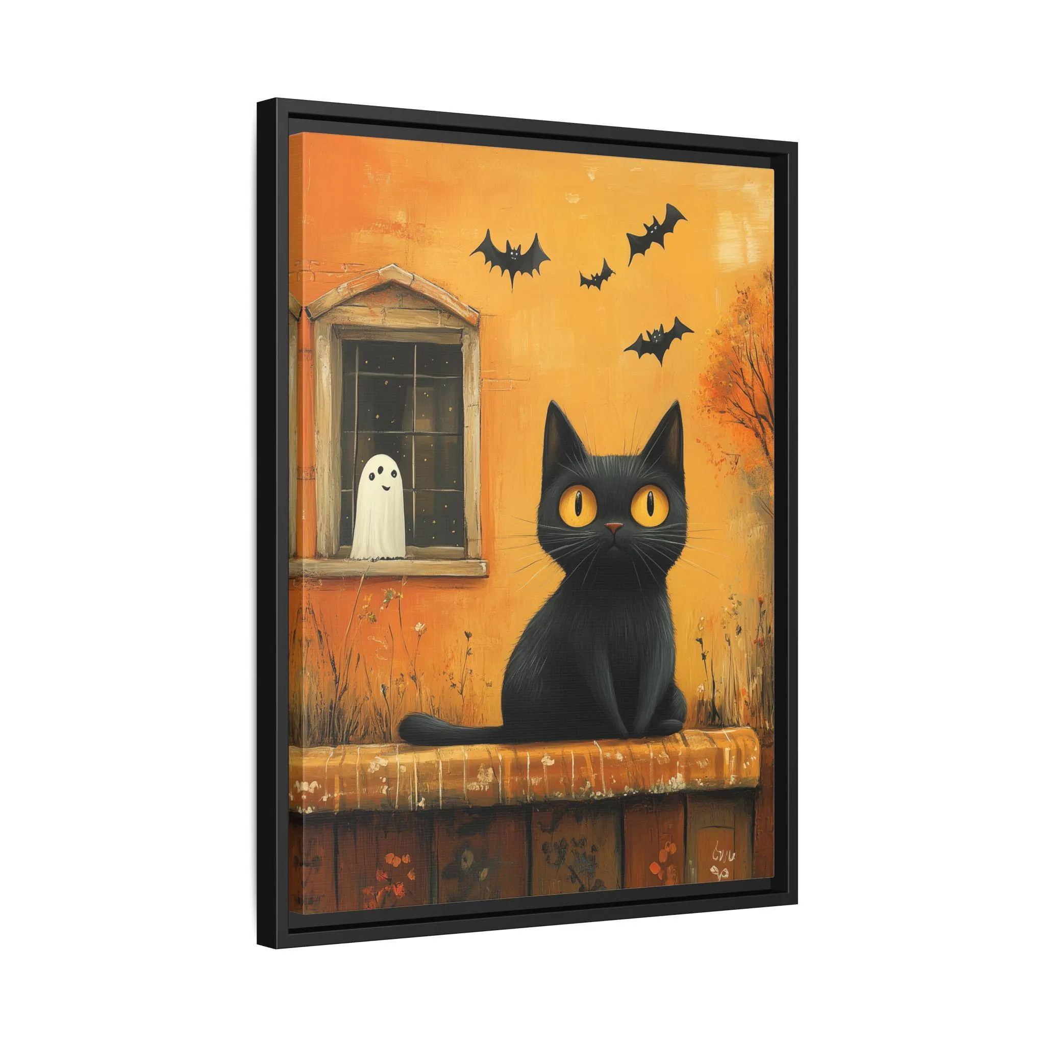 Black Cat Bat Ghost Silhouette Wall Framed Art Canvas, Minimalist Pastel Colors, Halloween Home Decor, Holiday Season Party Gift Kittens - image 5