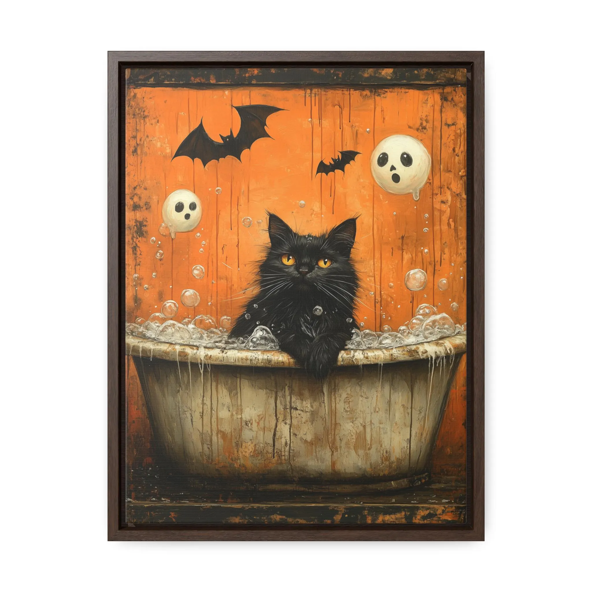 Black Cat Bathtub Bat Silhouette Wall Framed Art Canvas, Minimalist Bathroom Art, Halloween Home Decor, Holiday Season Party Gift Kitten - image 3