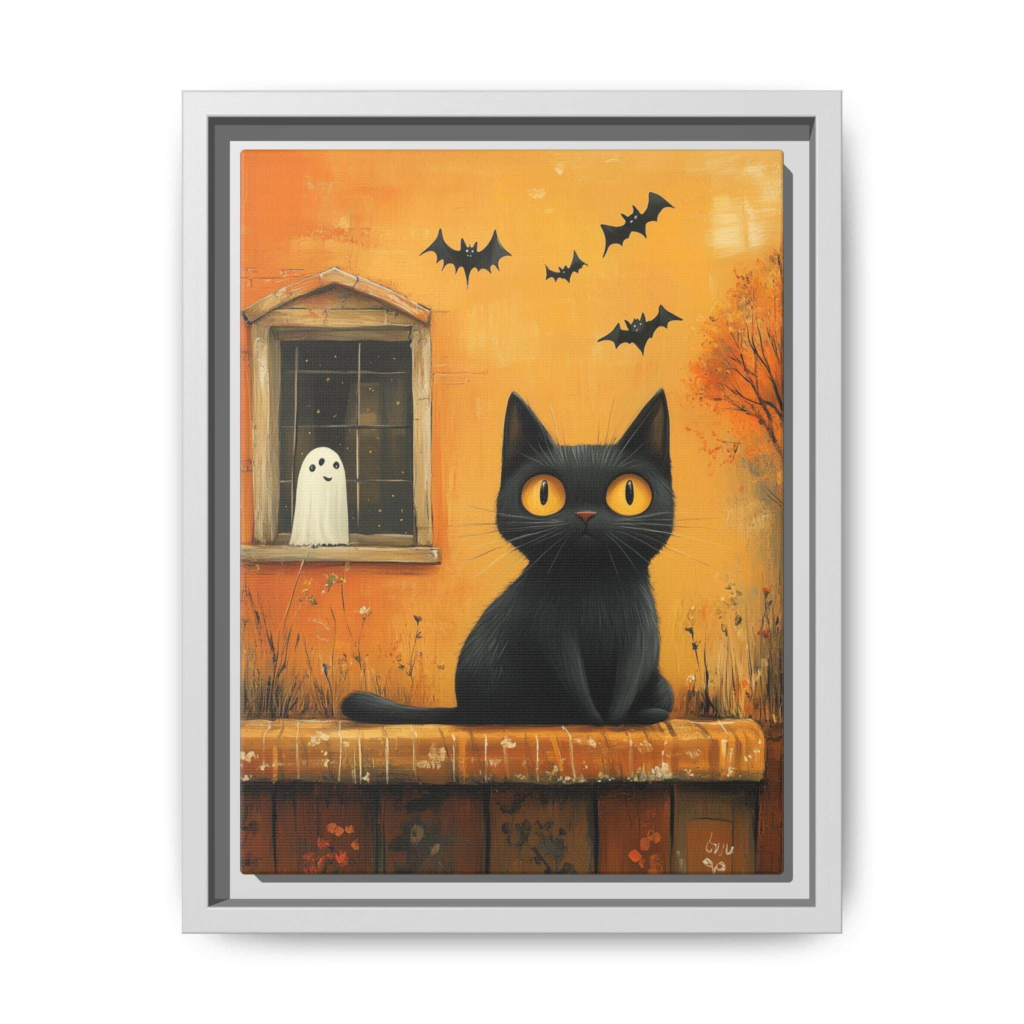 Black Cat Bat Ghost Silhouette Wall Framed Art Canvas, Minimalist Pastel Colors, Halloween Home Decor, Holiday Season Party Gift Kittens - image 4