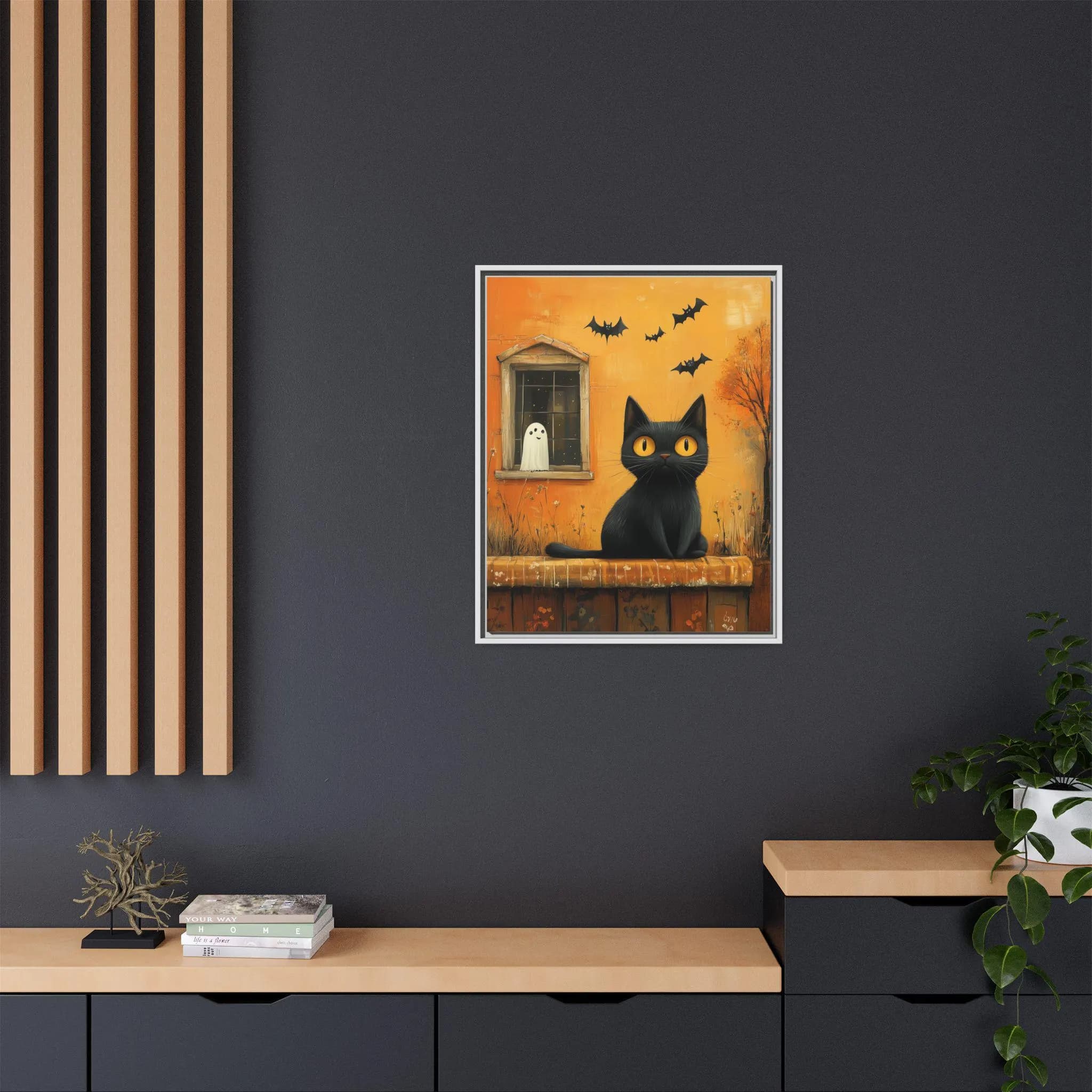 Black Cat Bat Ghost Silhouette Wall Framed Art Canvas, Minimalist Pastel Colors, Halloween Home Decor, Holiday Season Party Gift Kittens