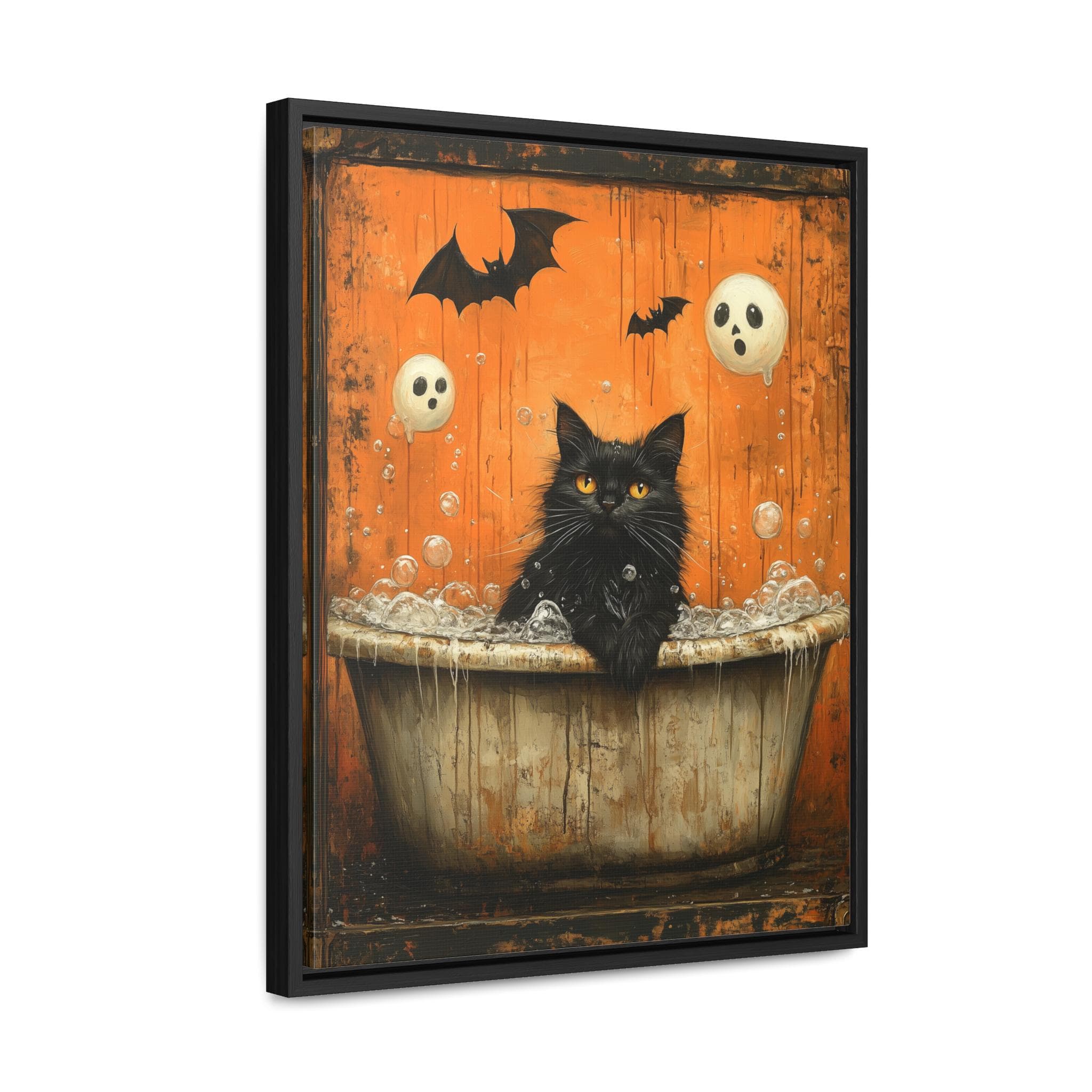 Black Cat Bathtub Bat Silhouette Wall Framed Art Canvas, Minimalist Bathroom Art, Halloween Home Decor, Holiday Season Party Gift Kitten - image 5