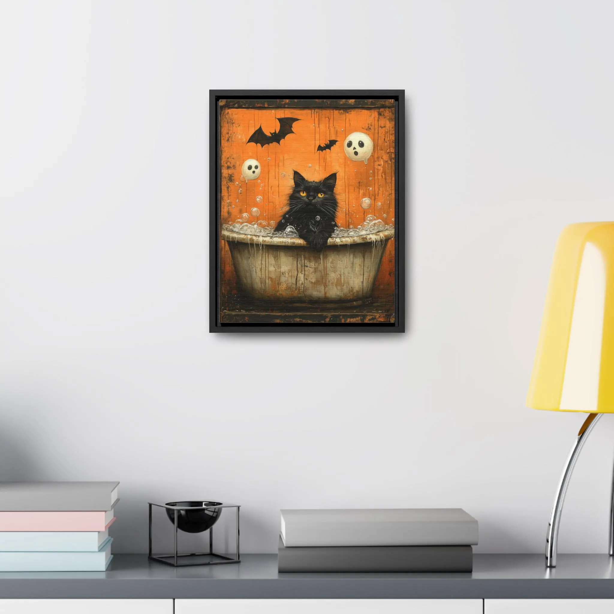 Black Cat Bathtub Bat Silhouette Wall Framed Art Canvas, Minimalist Bathroom Art, Halloween Home Decor, Holiday Season Party Gift Kitten - image 4