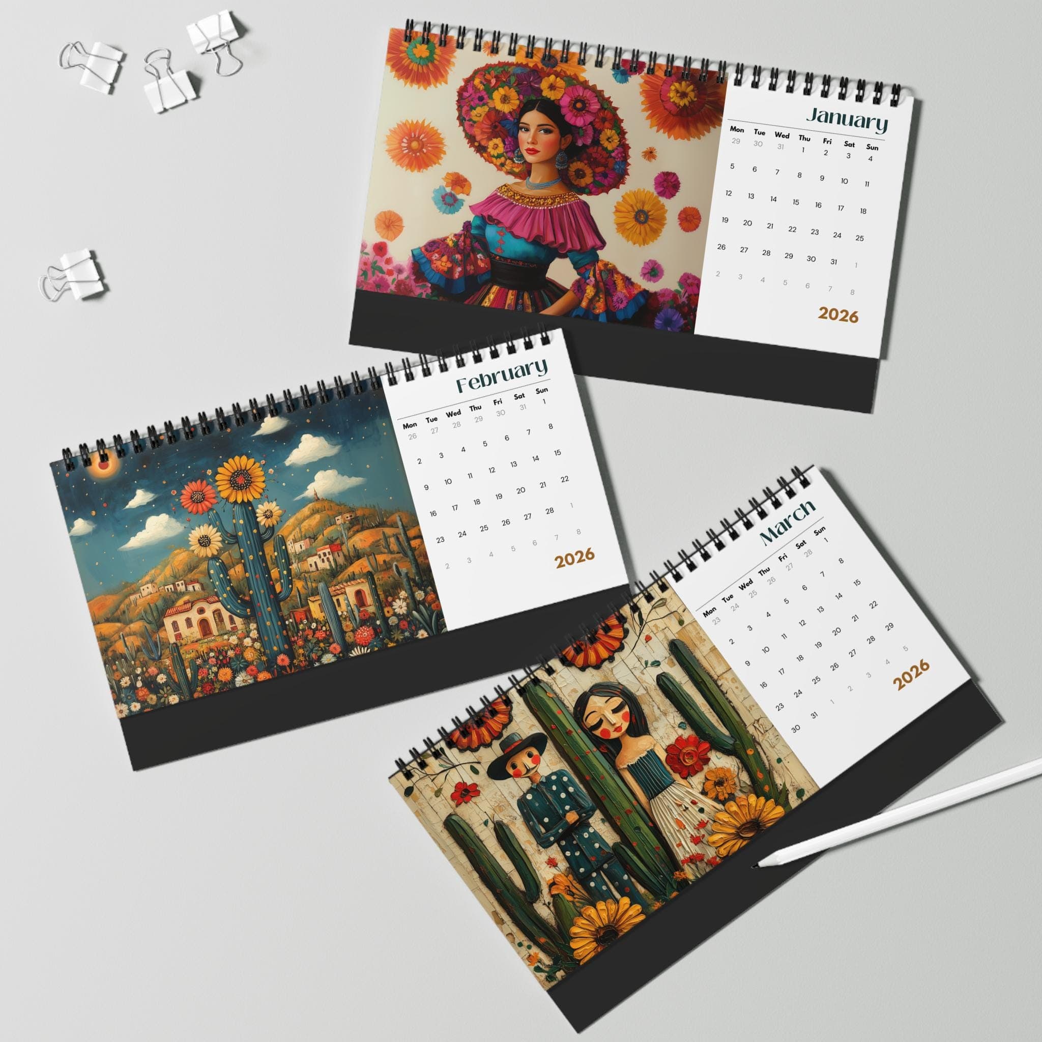2026 Mexican Art Desk Calendar Yearly Planner Monthly Scheduler Office Decor Home Organization Latin Ethnic Traditional Art Spanish Mexico - image 3