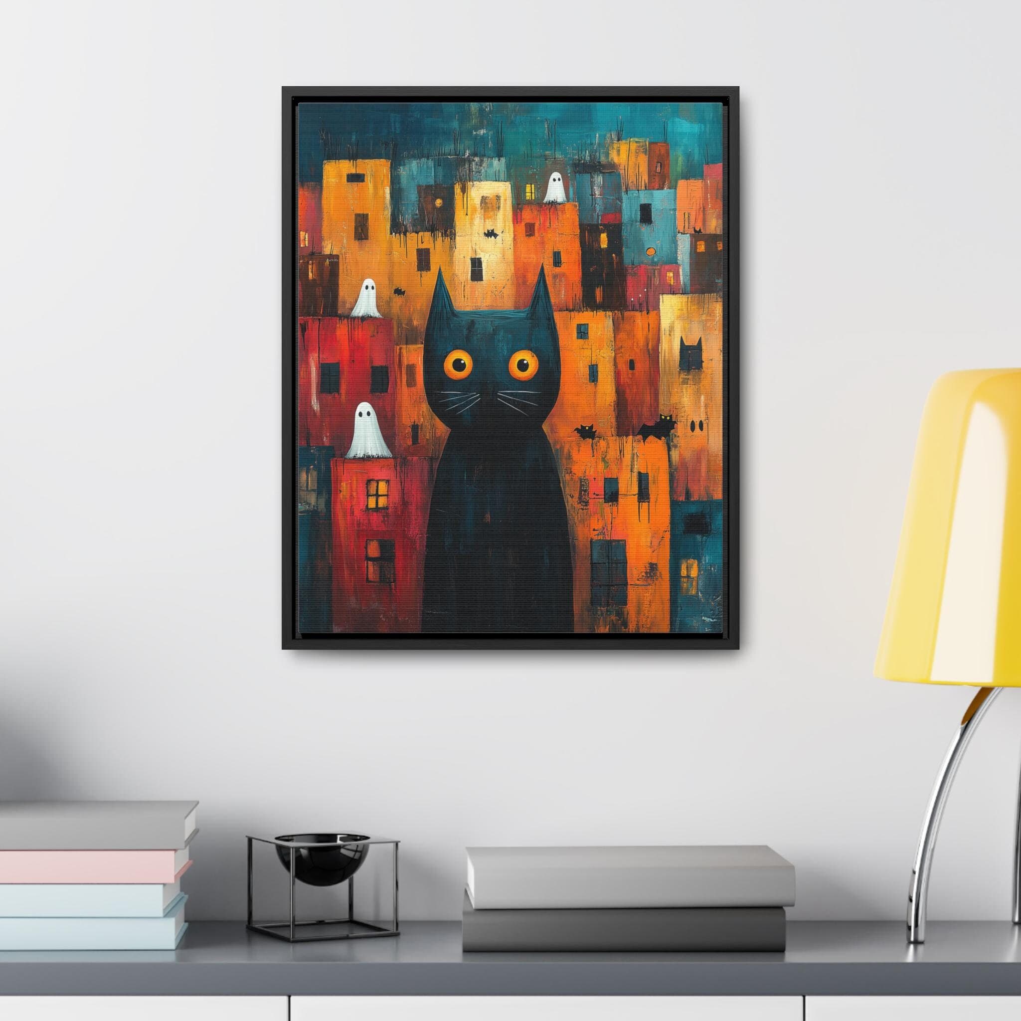 Halloween Cat Ghosts Printable Wall Art, Digital Download Only, Colorful Cityscape Whimsical Spooky Decor Holiday Home Party Gift Unique
