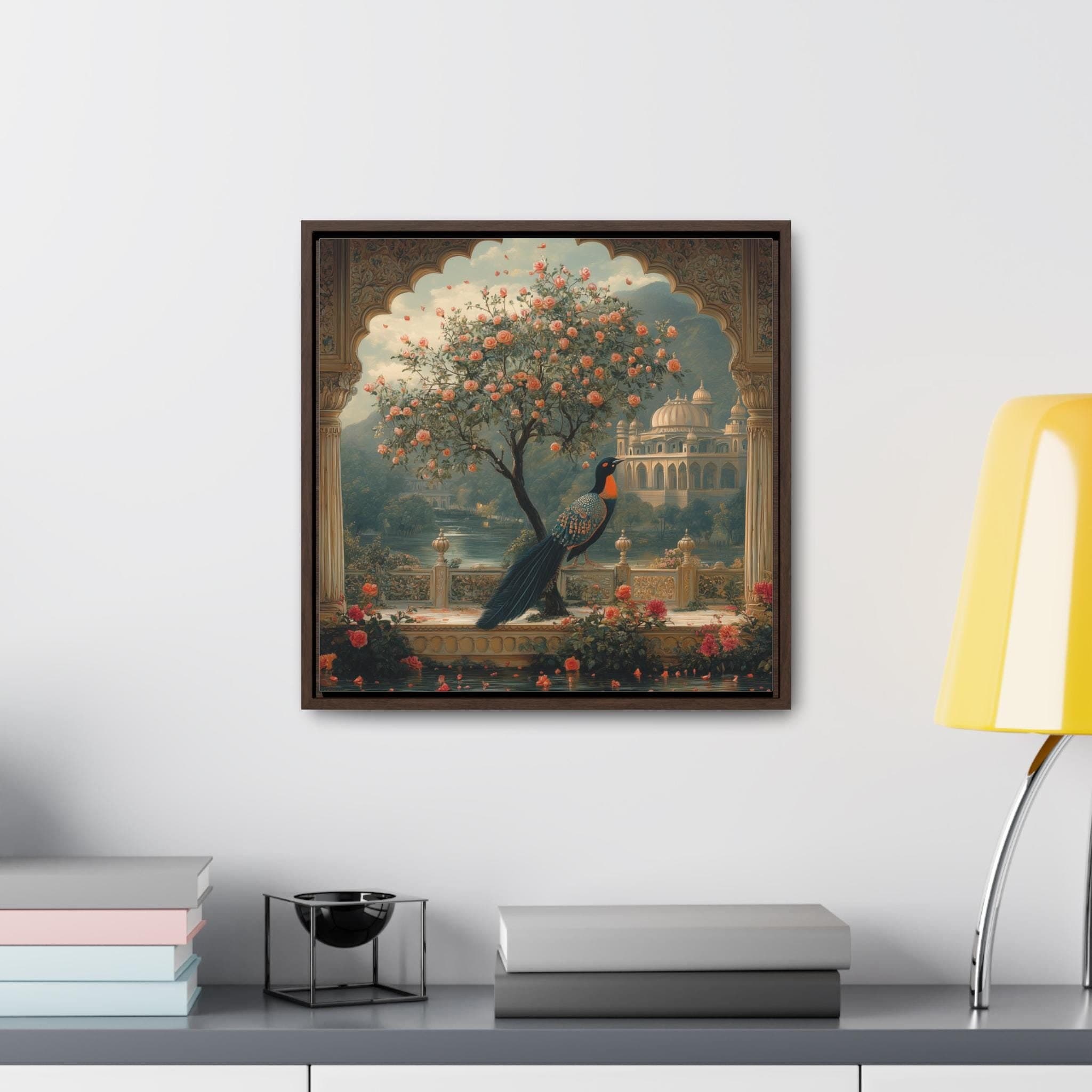 Mughal Palace Birds Art Gallery Canvas Wrap, Square Frame, Pakistani Indian Subcontinent Persian Afghan Southasian style decor arch Islamic