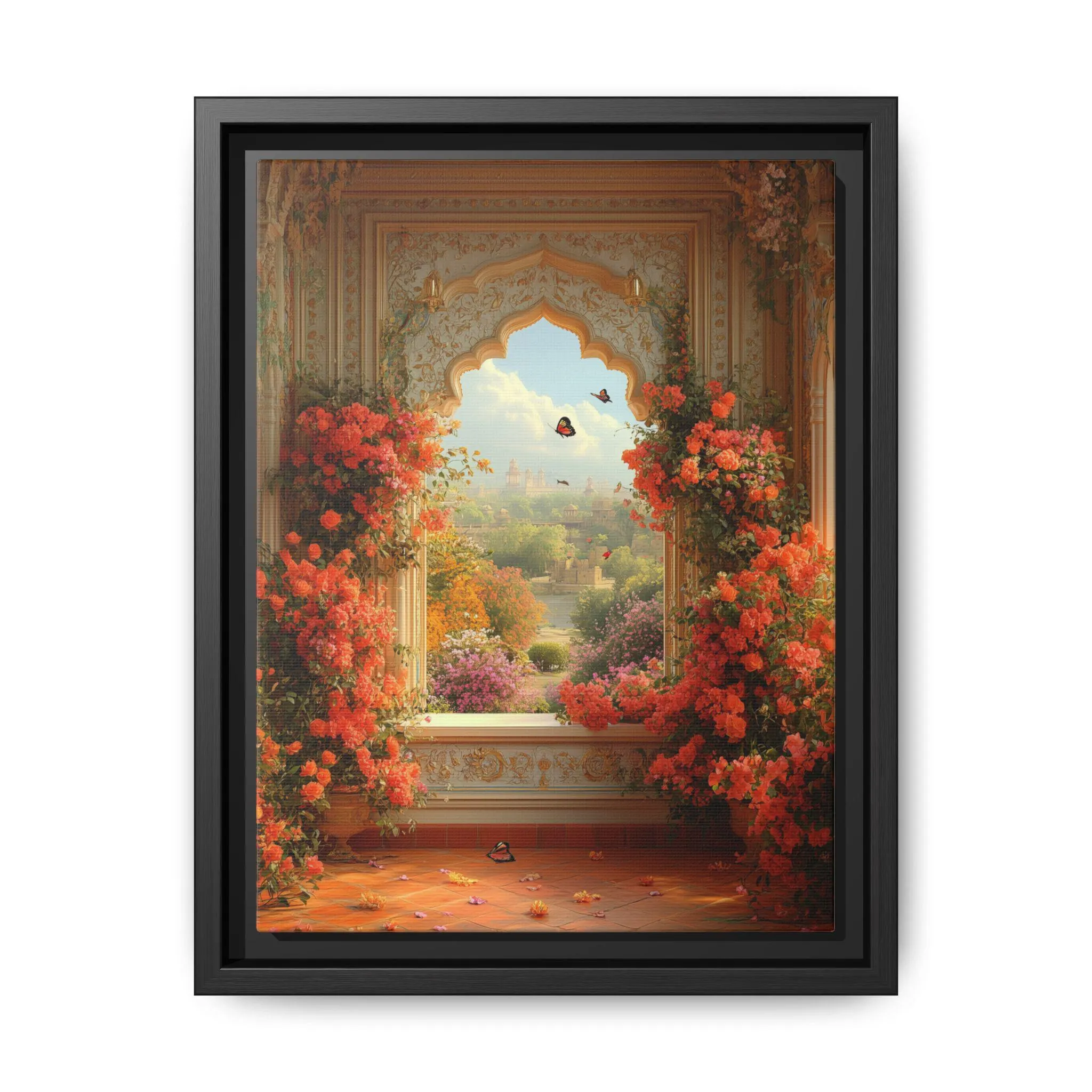 Mughal Floral Palace Gallery Canvas Wrap Framed Wall Art, Pakistani Indian Subcontinent Persian Afghan Southasian style decor arch Islamic