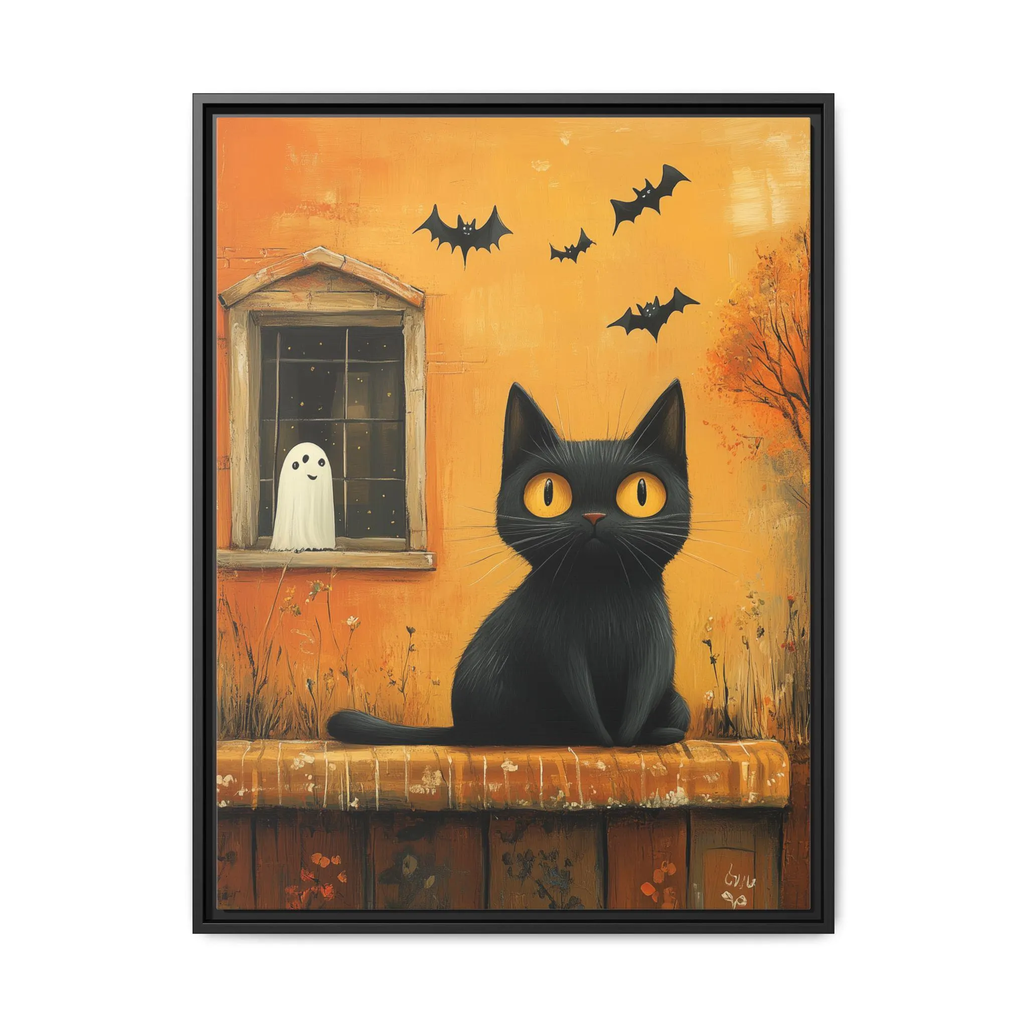 Black Cat Bat Ghost Silhouette Wall Framed Art Canvas, Minimalist Pastel Colors, Halloween Home Decor, Holiday Season Party Gift Kittens - image 3