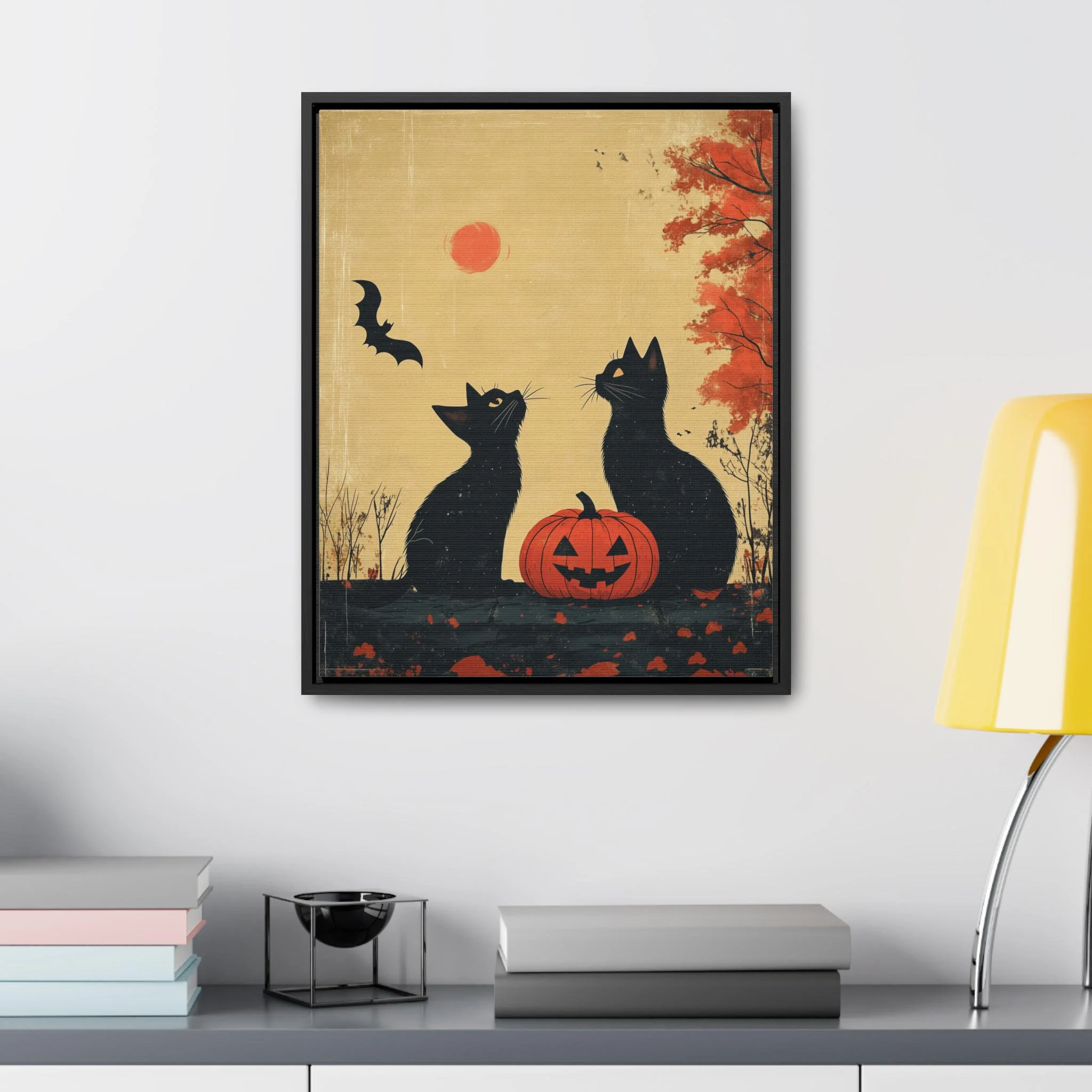 Black Cats Pumpkin Bat Silhouette Wall Art, Digital Download Minimalist Pastel Colors Halloween Home Decor Holiday Season Party Gift Kittens