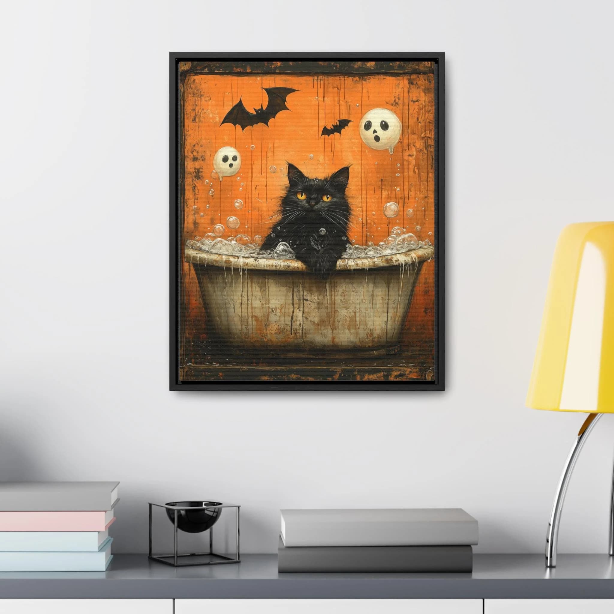 Black Cat Bathtub Bat Silhouette Wall Framed Art Canvas, Minimalist Bathroom Art, Halloween Home Decor, Holiday Season Party Gift Kitten