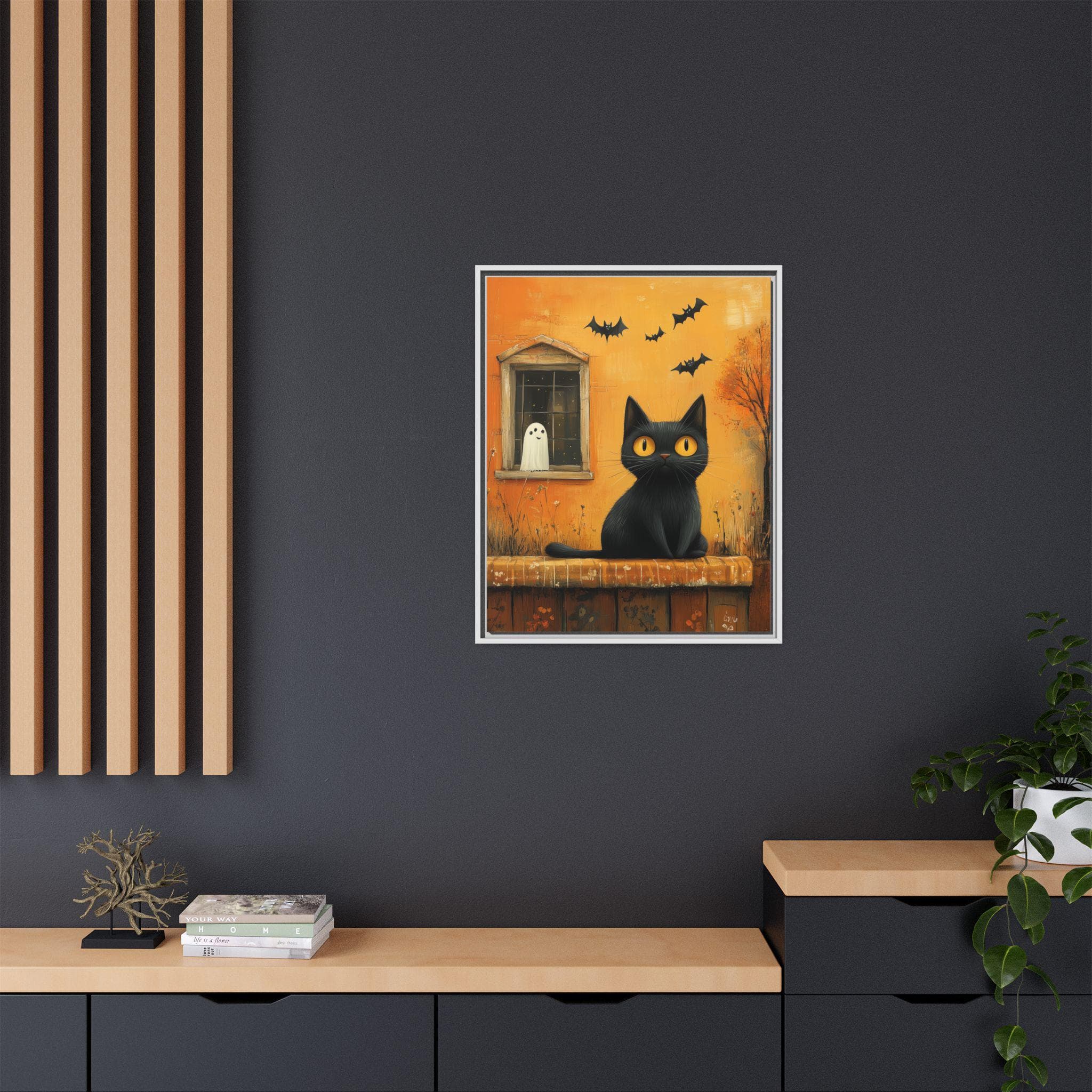 Black Cat Bat Ghost Silhouette Wall Framed Art Canvas, Minimalist Pastel Colors, Halloween Home Decor, Holiday Season Party Gift Kittens - image 2
