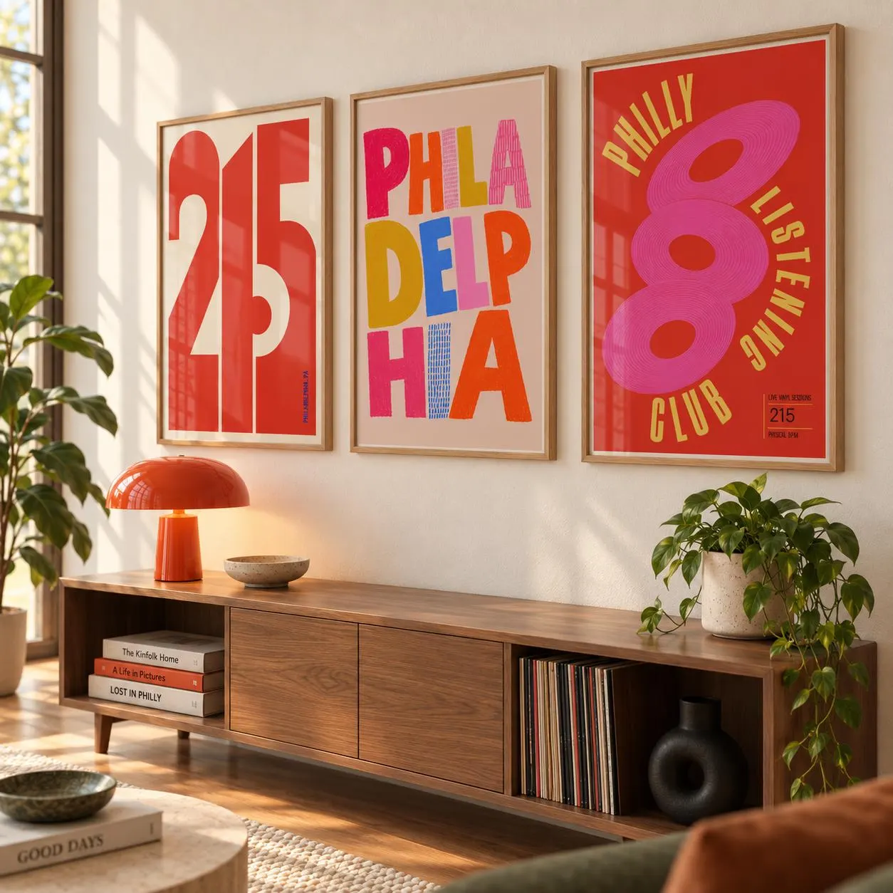 Three framed wall art prints hanging above a wooden media console. The left print features the number 215 in red. The center print displays the word PHILADELPHIA in colorful block letters. The right print reads PHILLY LISTENING CLUB.