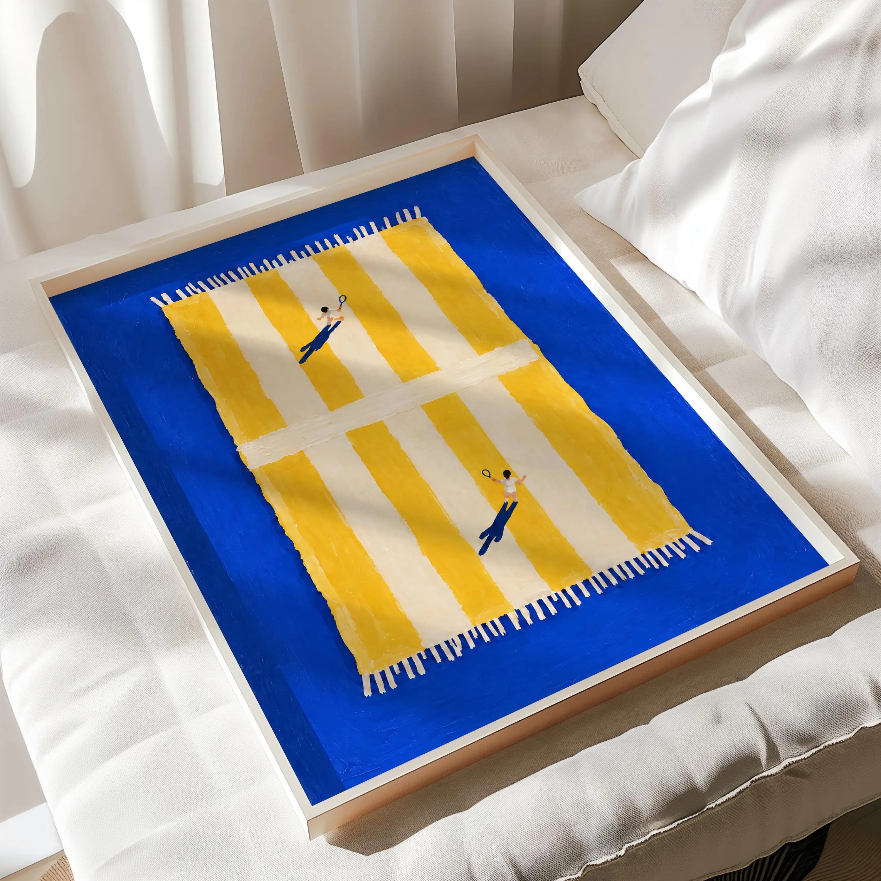 Tennis Wall Art, Retro Gouache Print, Yellow Striped Beach Towel Court, Minimalist Decor - image 3