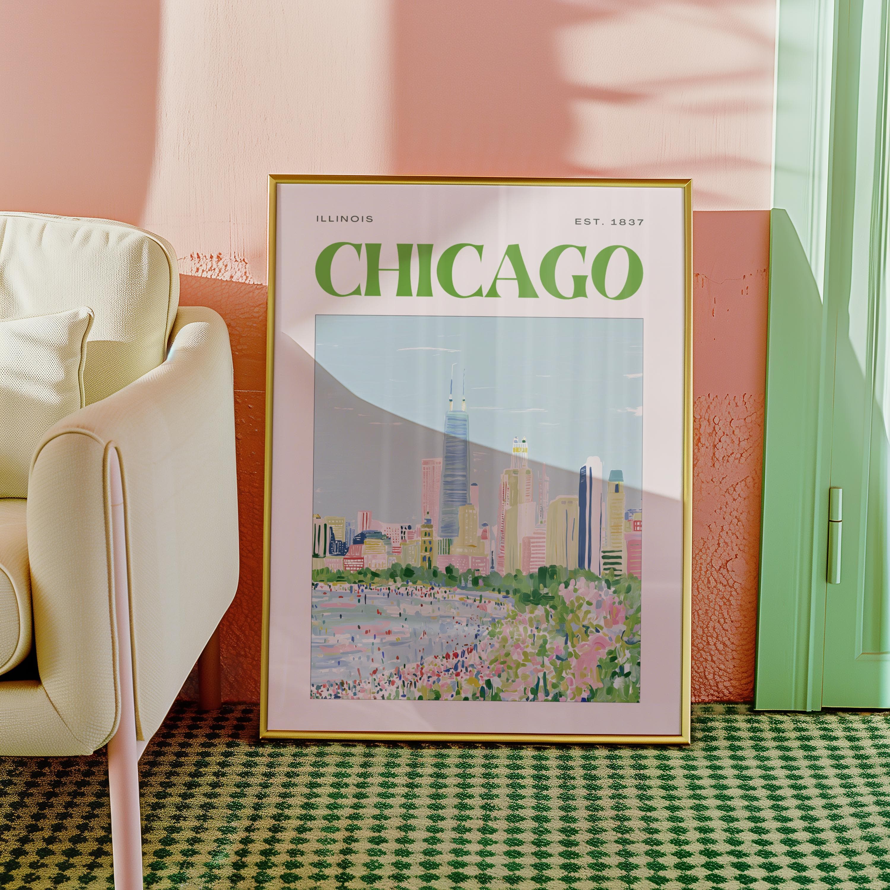 A framed wall art print featuring a stylized illustration of the Chicago skyline. The text reads ILLINOIS at the top left, EST. 1837 at the top right, and CHICAGO in large green letters. The scene depicts buildings and a beach.