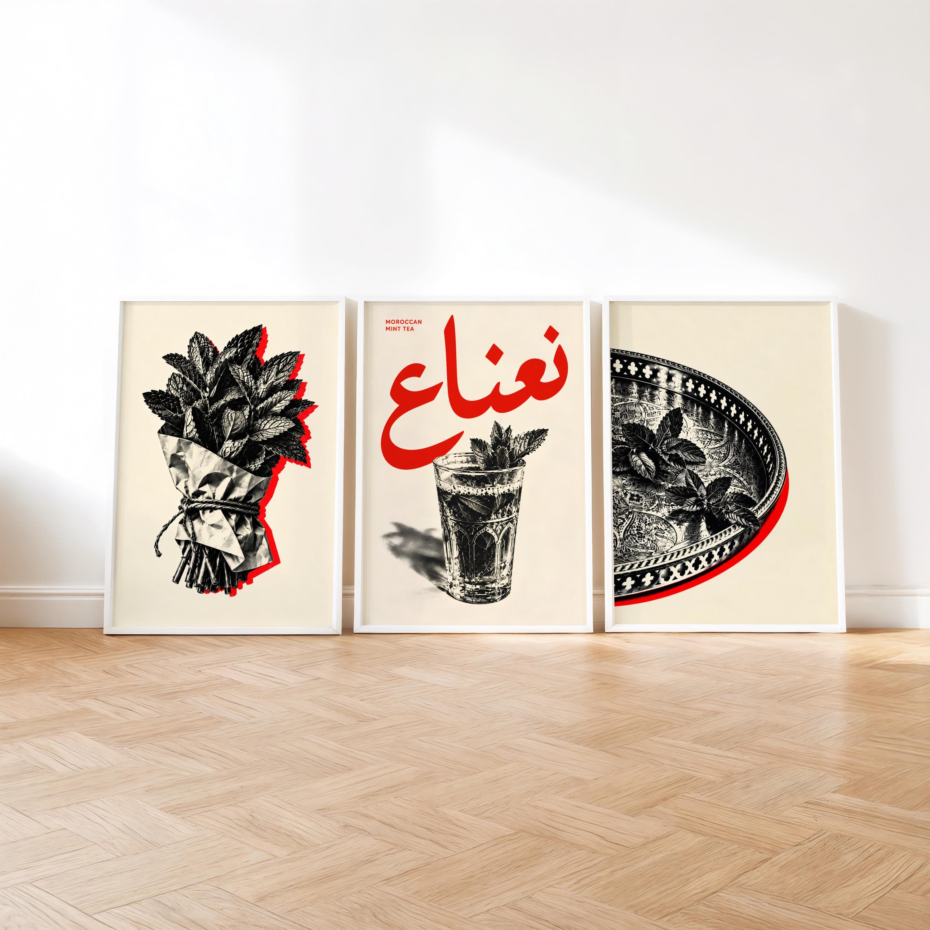 A set of three framed art prints featuring black and white illustrations with red accents. The left print shows a bundle of mint, the center print displays a glass of tea with Arabic text and the words Moroccan Mint Tea, and the right print depicts a metal tray.