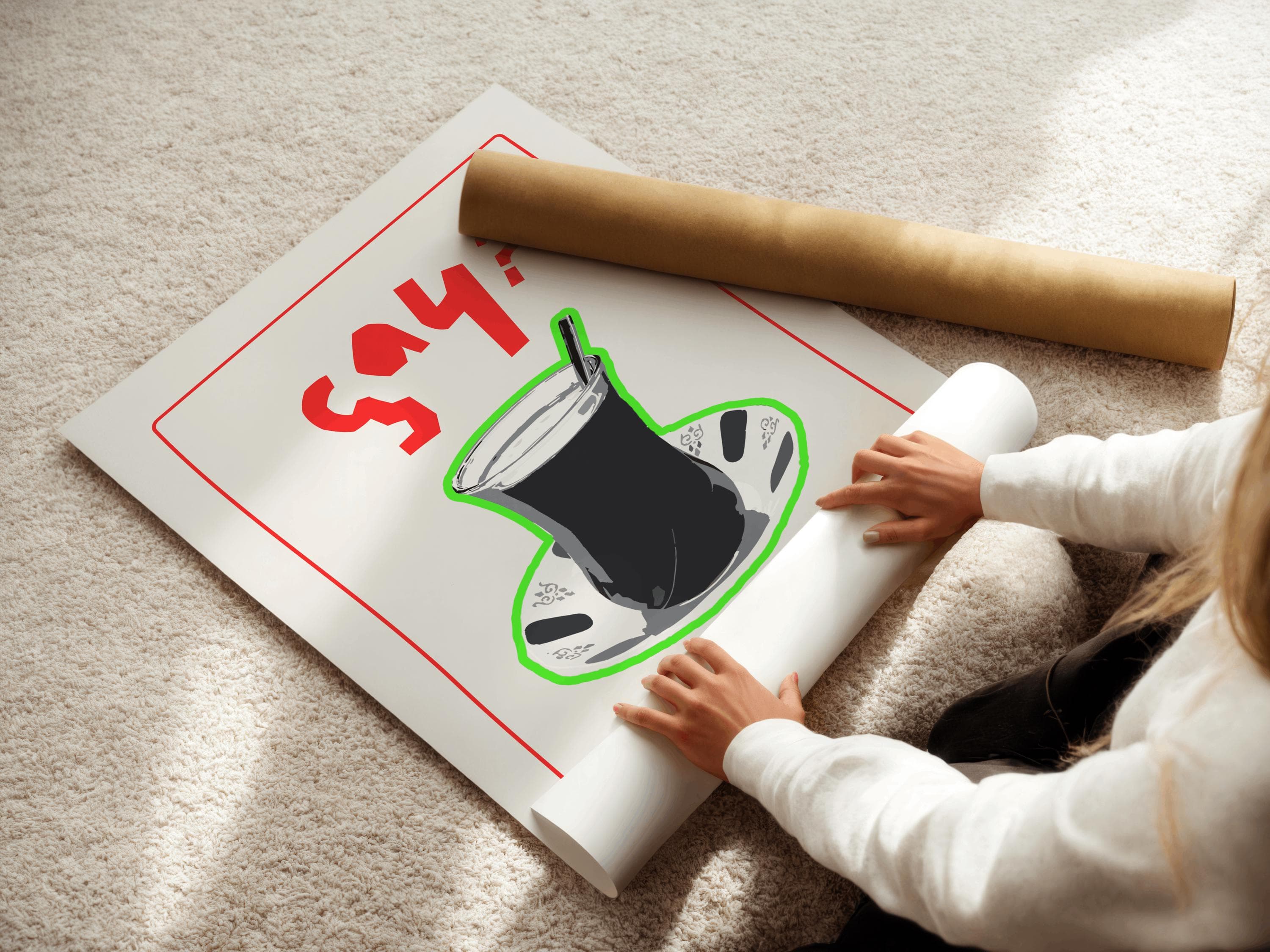 A poster with a red border and the word "say" in red. The poster features a black teacup design with a green outline. A rolled-up poster and a person's hands are also visible.