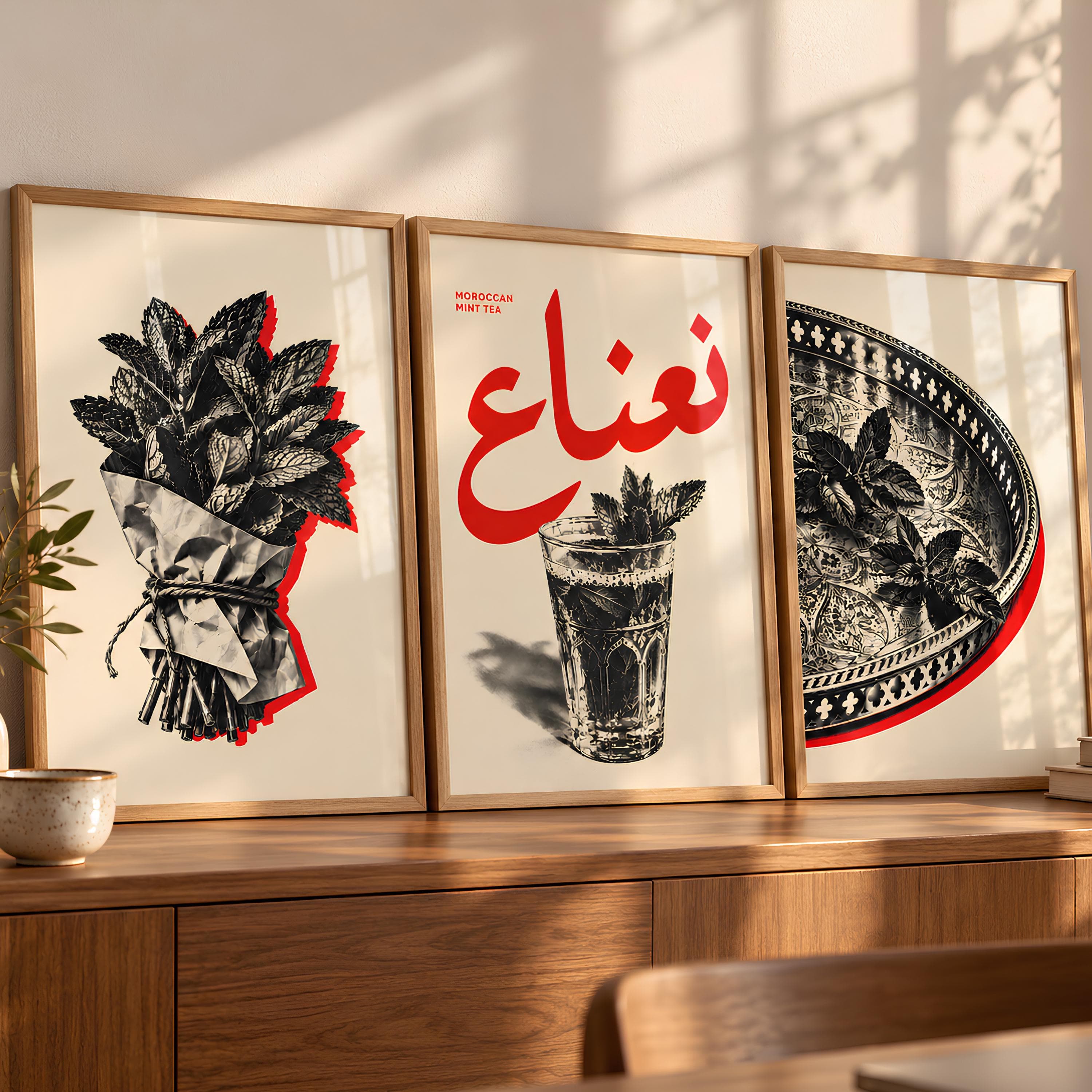 A set of three framed wall art prints featuring black and white illustrations of mint leaves, a glass of tea, and a metal tray. The central print displays the text Moroccan Mint Tea and Arabic script in red against a cream background.