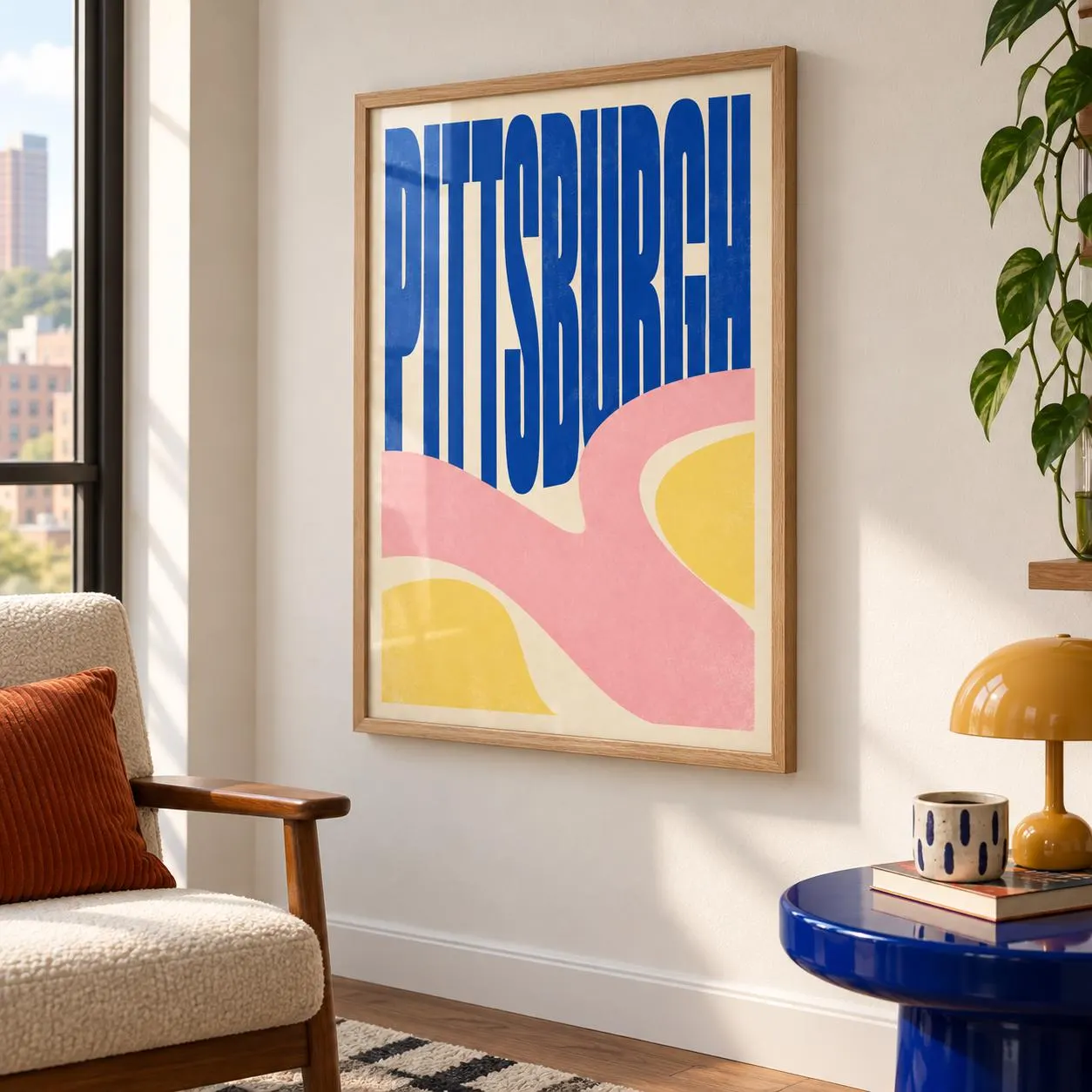 A framed wall art print featuring the word PITTSBURGH in bold blue capital letters over a cream background with abstract wavy shapes in soft pink and yellow. The print is enclosed in a light-toned wooden frame with a clean edge.