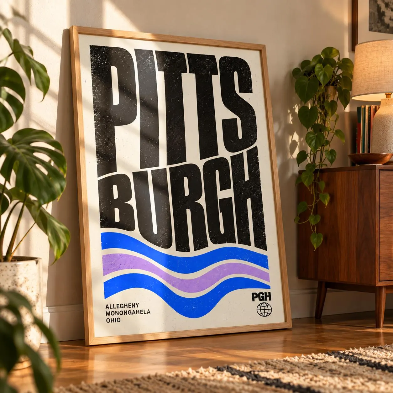 A framed vertical poster featuring the word PITTSBURGH in large, bold, distressed black letters. Below the text are three wavy lines in blue and purple. The text ALLEGHENY, MONONGAHELA, OHIO and PGH with a globe icon appear below.