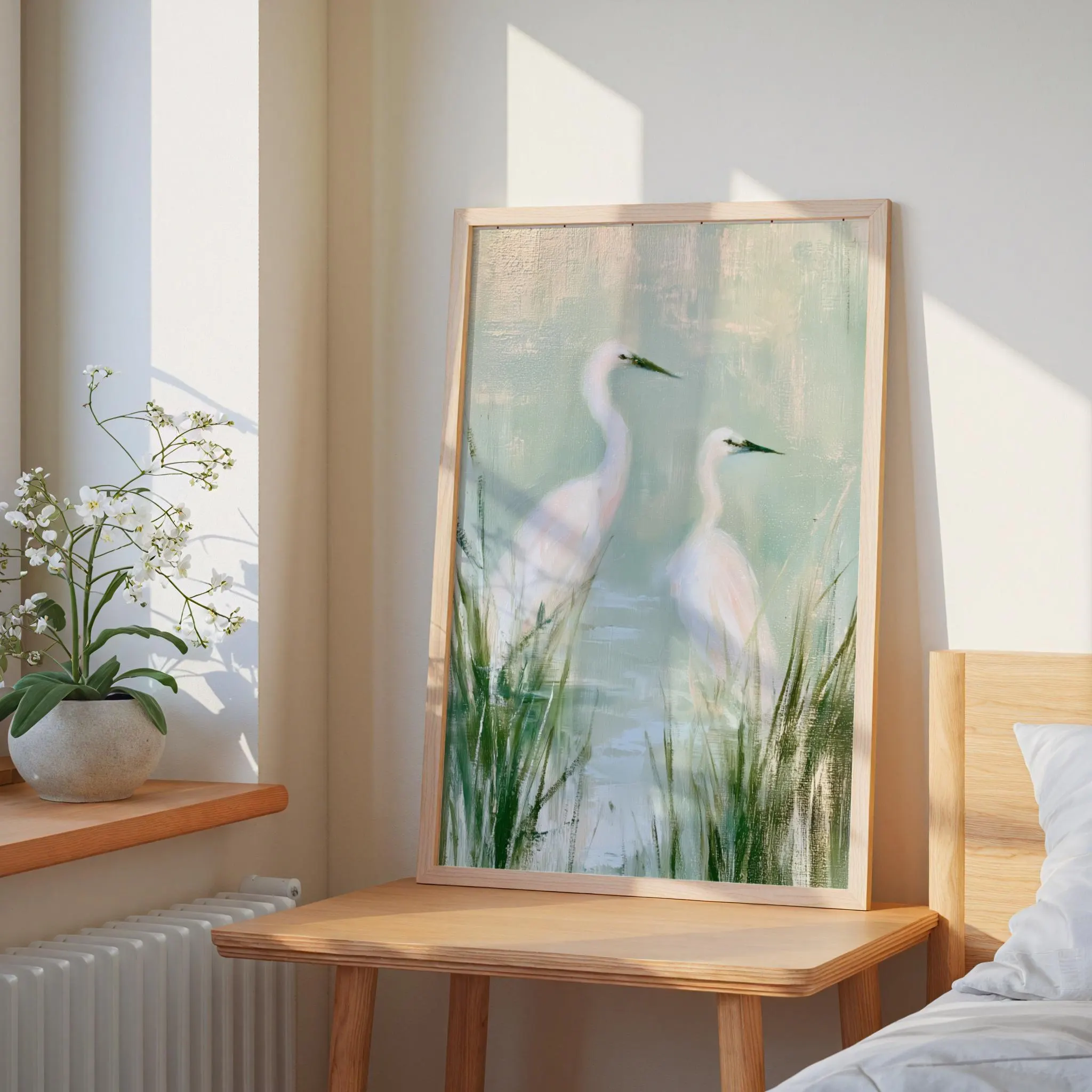 A framed wall art print featuring a painting of two white egrets standing in a marshy landscape with tall green grasses and soft light blue water tones. The artwork is enclosed in a light-colored wooden frame.
