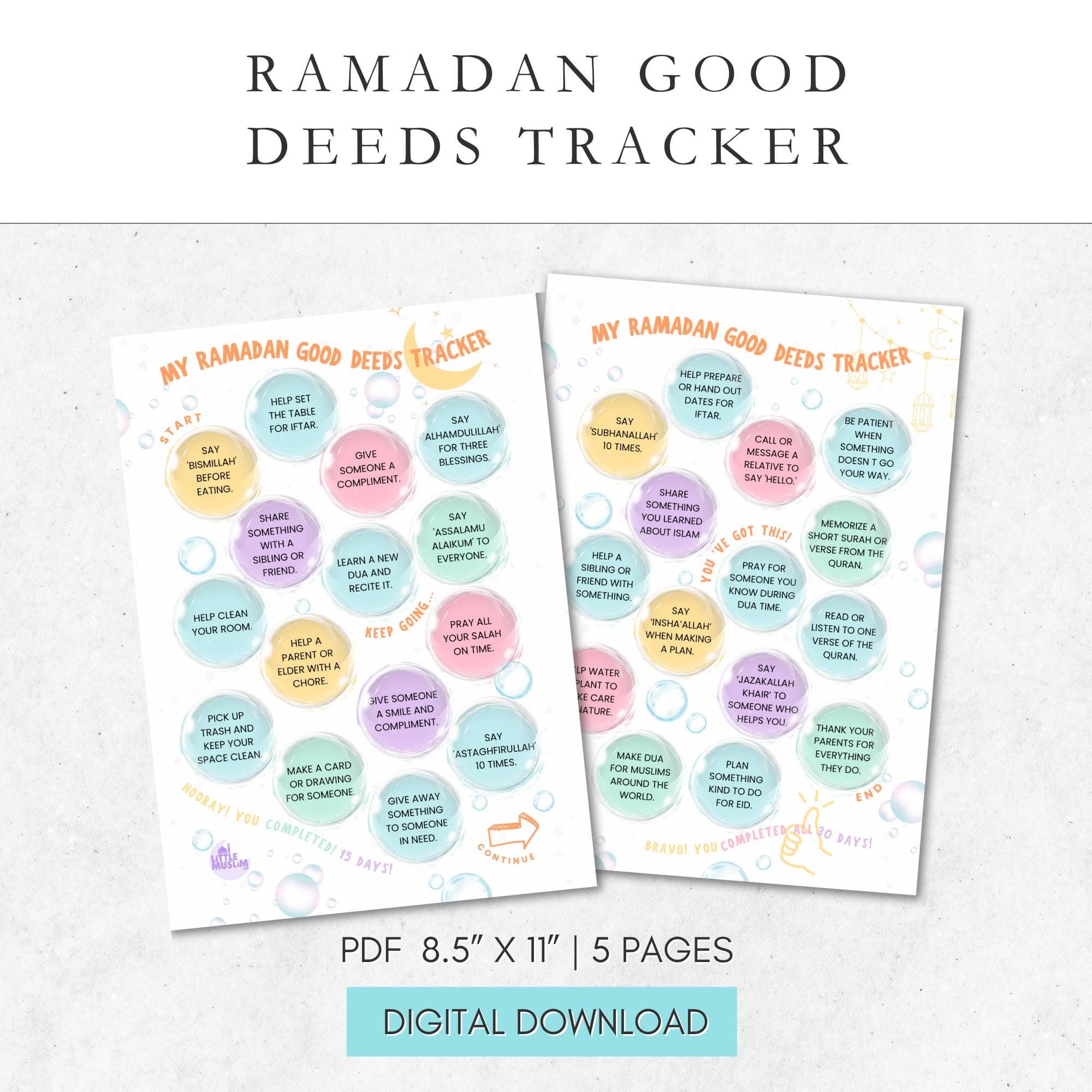Printable Ramadan Good Deeds Tracker for kids, featuring 30 meaningful activities with Islamic lessons. Includes a fun interactive sticker sheet for tracking progress. Instant digital download, perfect for Ramadan learning and family activities.