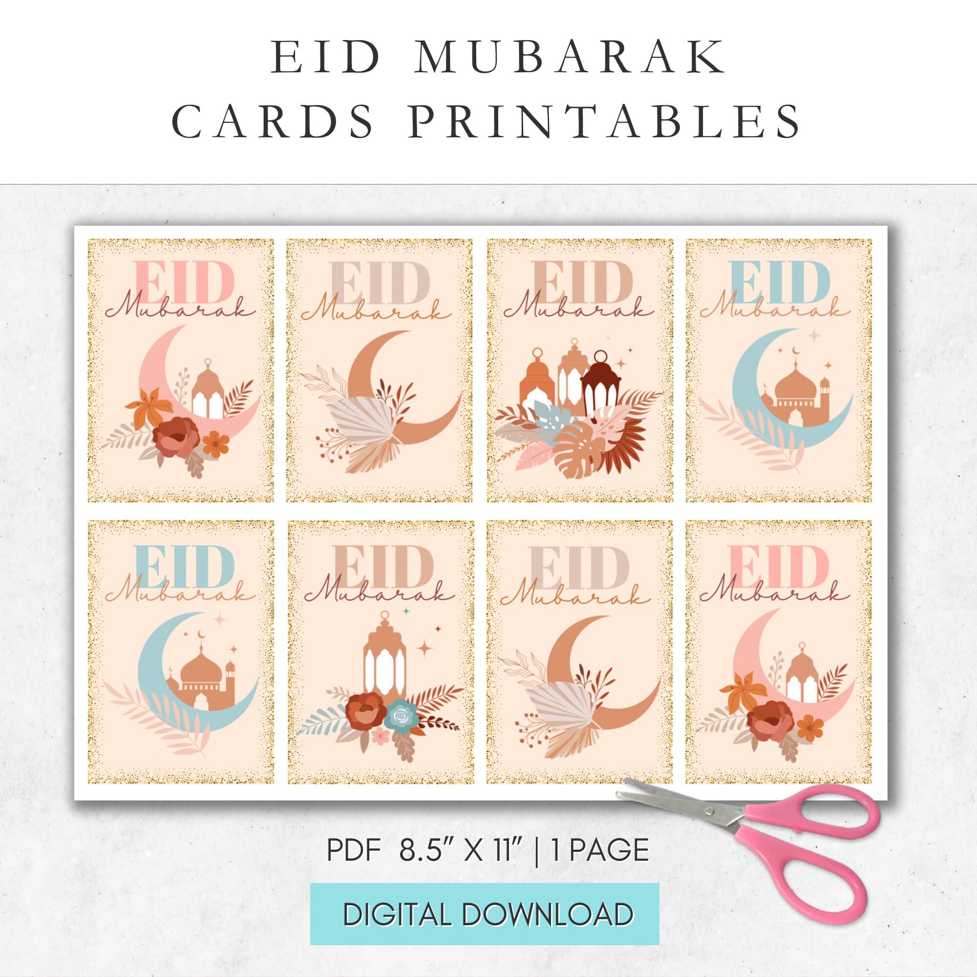 Boho chic Eid Mubarak greeting card printables, modern minimalist Islamic Eid cards for instant digital download and DIY printing.