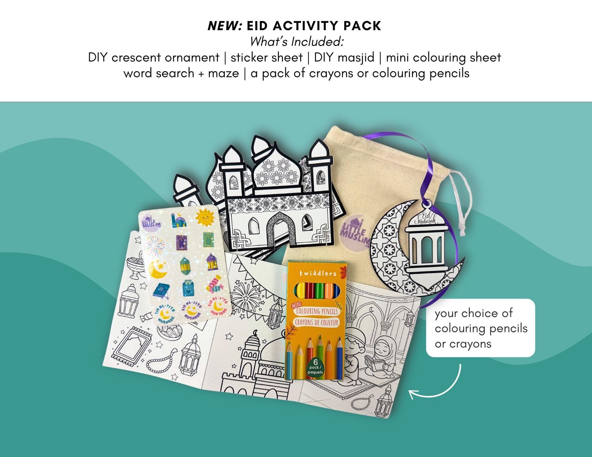 Eid Activity Pack for Kids | DIY Crafts, Stickers, Games (Choice of Pencils/Crayons)