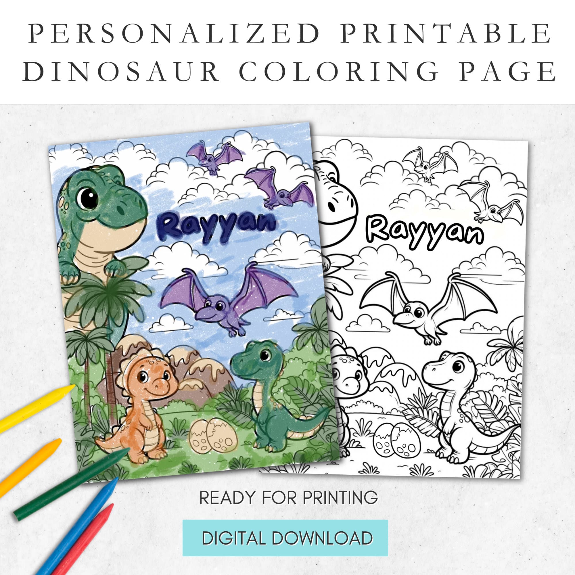 Personalized Dinosaur Coloring Page: Kids Jurassic Theme (Digital Download)