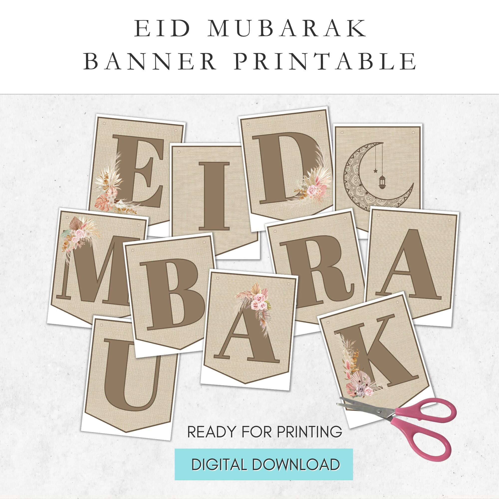 Boho chic Eid Mubarak banner printable, DIY Eid decorations for home, party, or masjid. Instant download for easy Eid celebration decor.