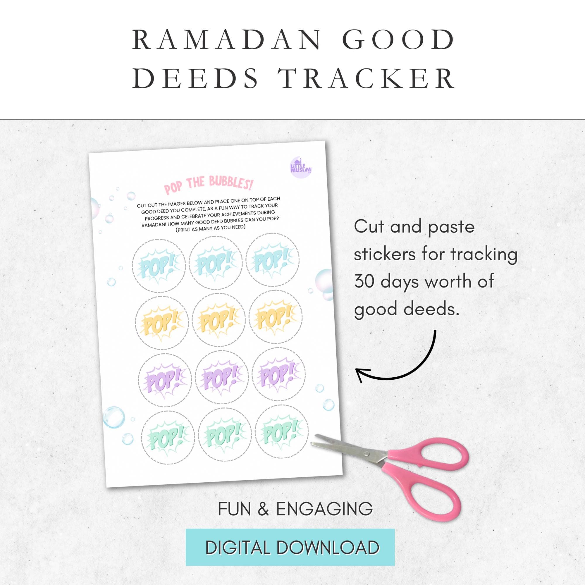 Printable Ramadan Good Deeds Tracker for kids, featuring 30 meaningful activities with Islamic lessons. Includes a fun interactive sticker sheet for tracking progress. Instant digital download, perfect for Ramadan learning and family activities.