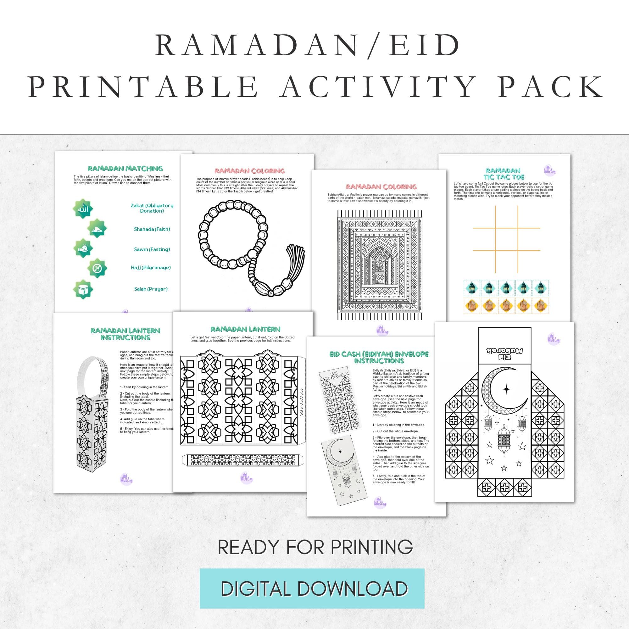Colorful Ramadan and Eid activity pack printable with fun Islamic-themed activities, including coloring pages, crafts, and educational games. Perfect for kids, homeschool, and classroom use. Instant digital download.