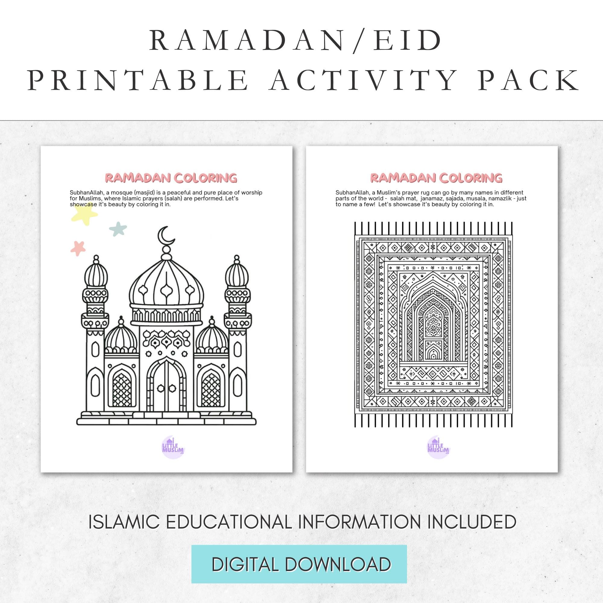 Colorful Ramadan and Eid activity pack printable with fun Islamic-themed activities, including coloring pages, crafts, and educational games. Perfect for kids, homeschool, and classroom use. Instant digital download.
