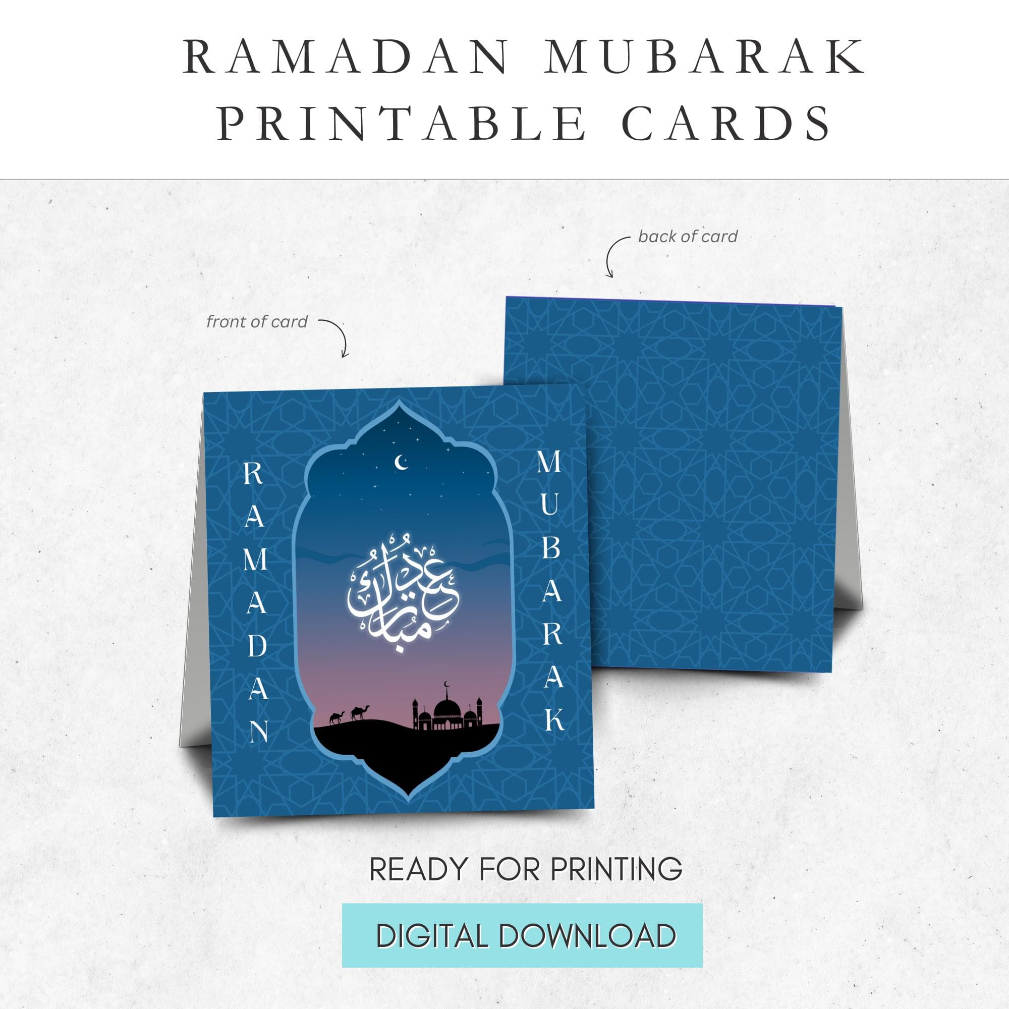Printable Ramadan greeting cards featuring modern and traditional designs with Arabic calligraphy. Instant digital download for Ramadan Mubarak cards, perfect for gifts, greeting cards, and Ramadan gift tags. Easy to print, cut, and personalize.