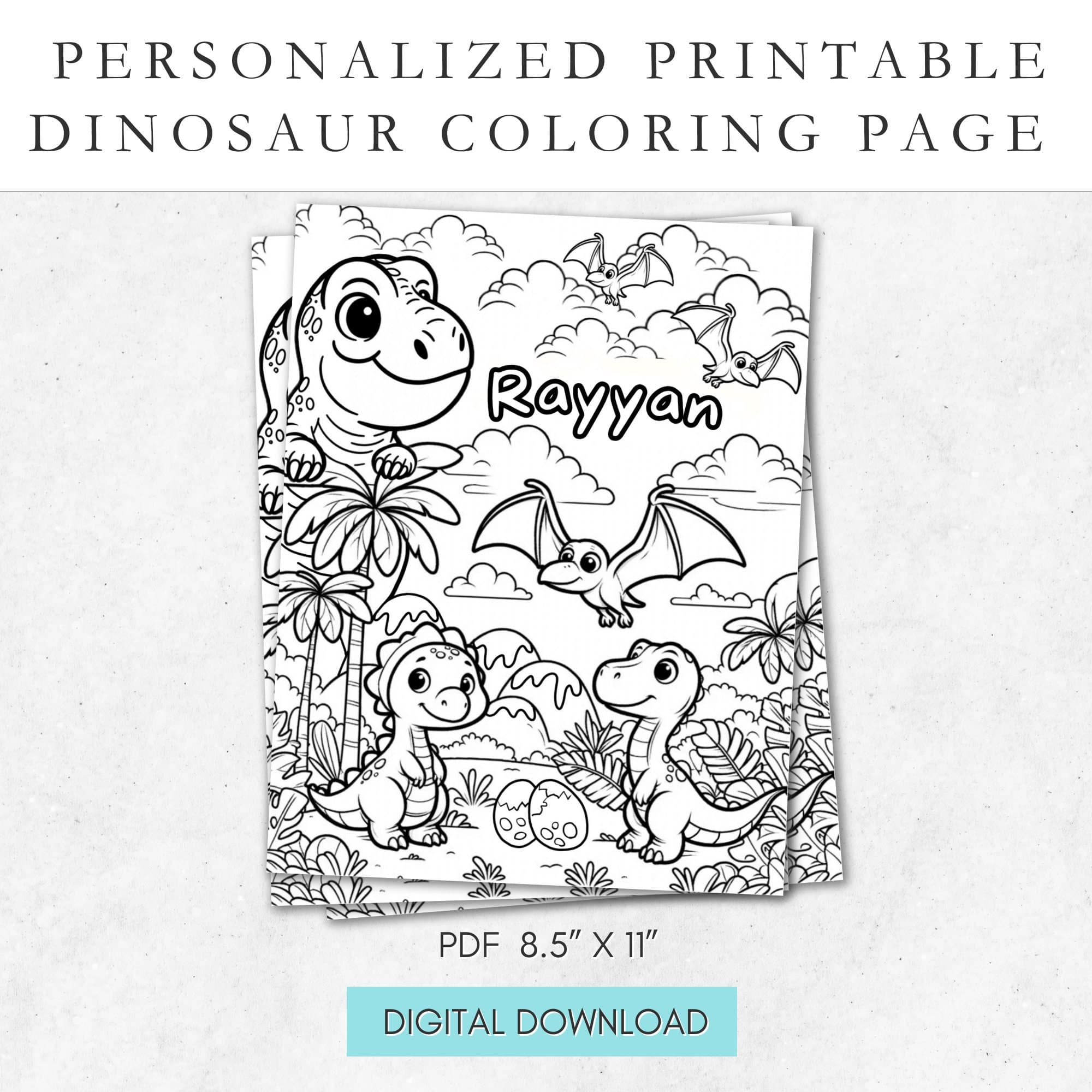 Personalized dinosaur themed coloring page for kids. Jurassic themed coloring page. Custom name coloring page.