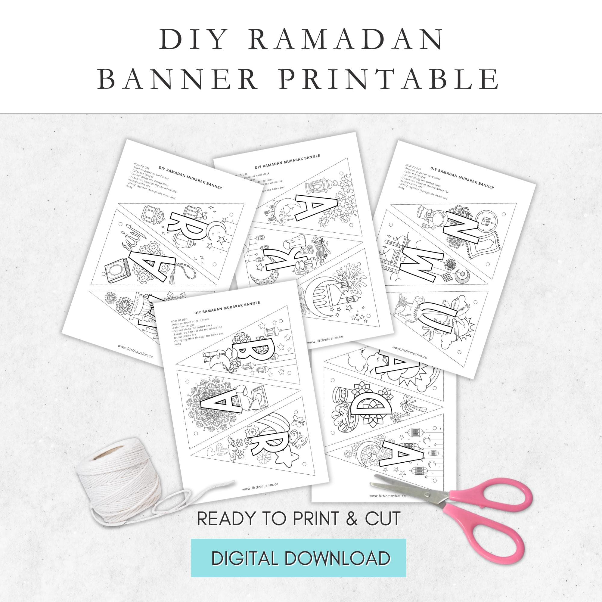 Black and white Ramadan banner printable, DIY coloring activity for kids. Fun and easy Ramadan decoration to print, color, cut, and hang. Perfect for home, classroom, or masjid decor.