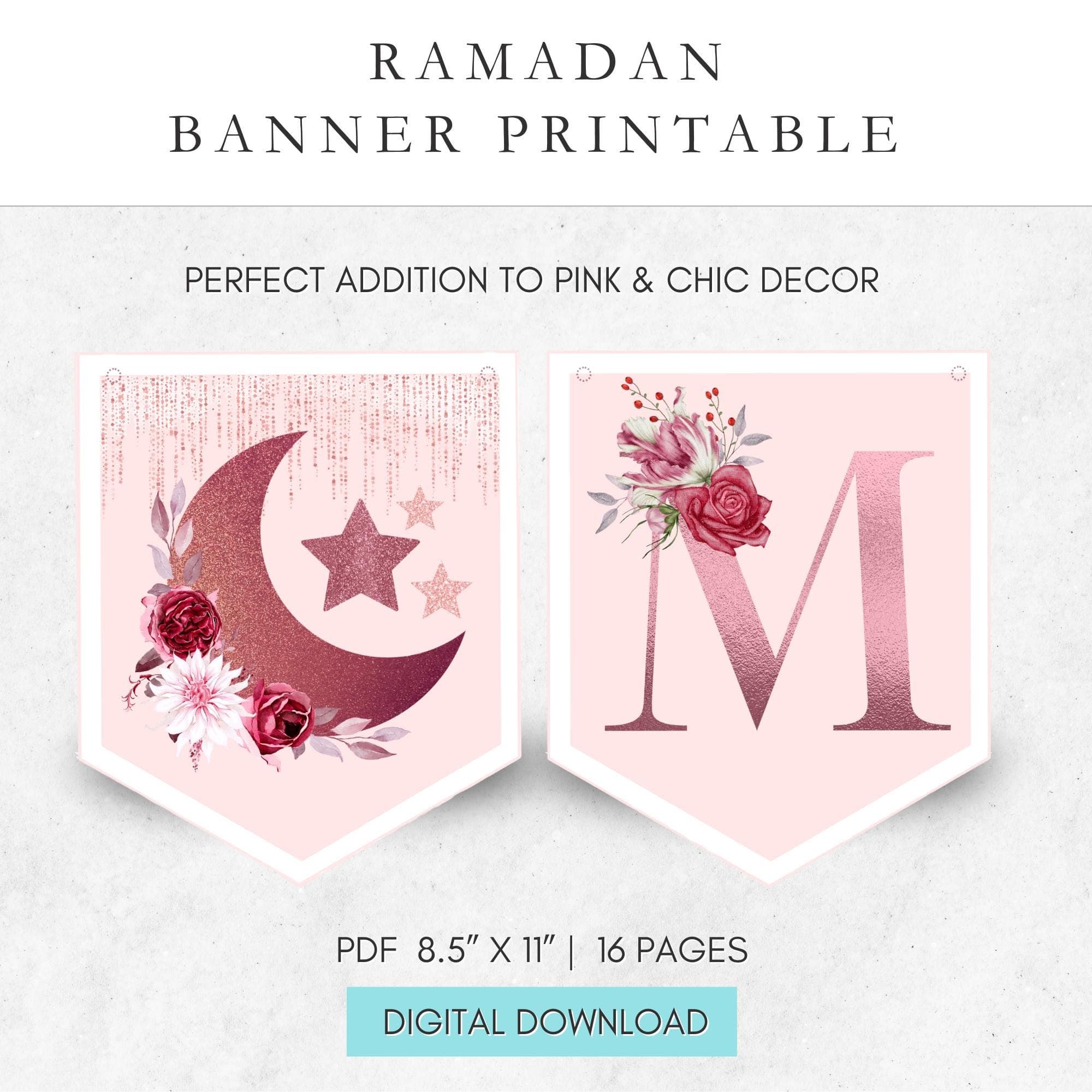 Pink chic Ramadan banner printable, stylish DIY Ramadan decor for home or party. Instant digital download for easy festive decorations.