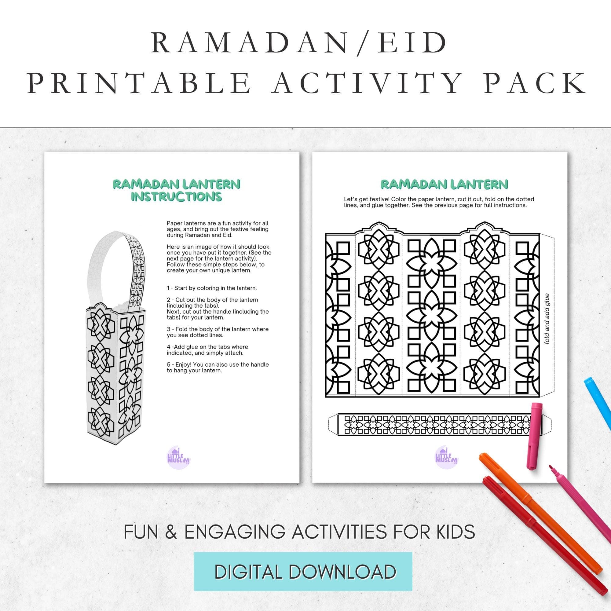 Colorful Ramadan and Eid activity pack printable with fun Islamic-themed activities, including coloring pages, crafts, and educational games. Perfect for kids, homeschool, and classroom use. Instant digital download.