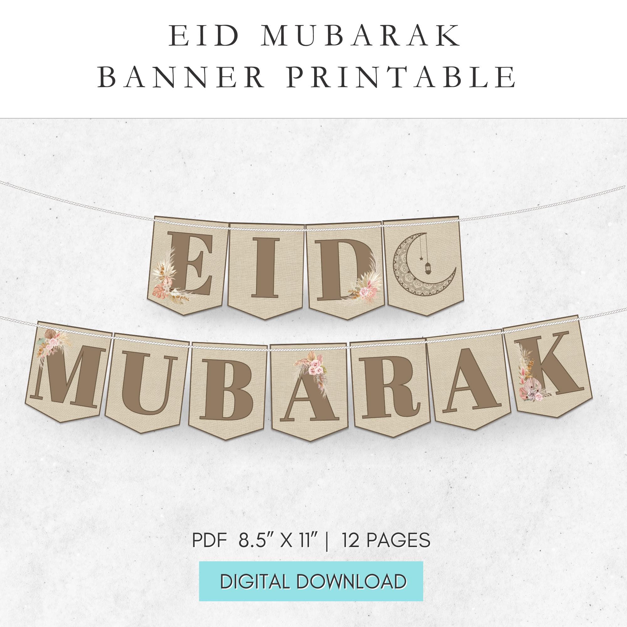 Boho chic Eid Mubarak banner printable, DIY Eid decorations for home, party, or masjid. Instant download for easy Eid celebration decor.
