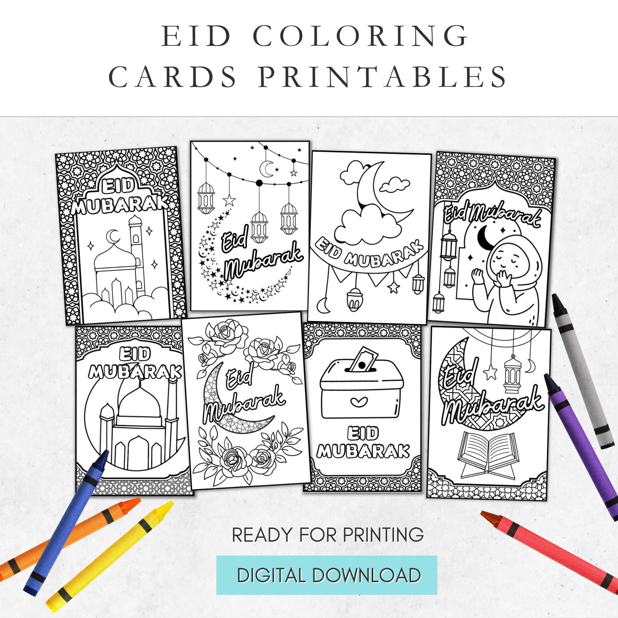 Eid Mubarak Coloring Cards: Kids' Activity Printables (Digital Download)