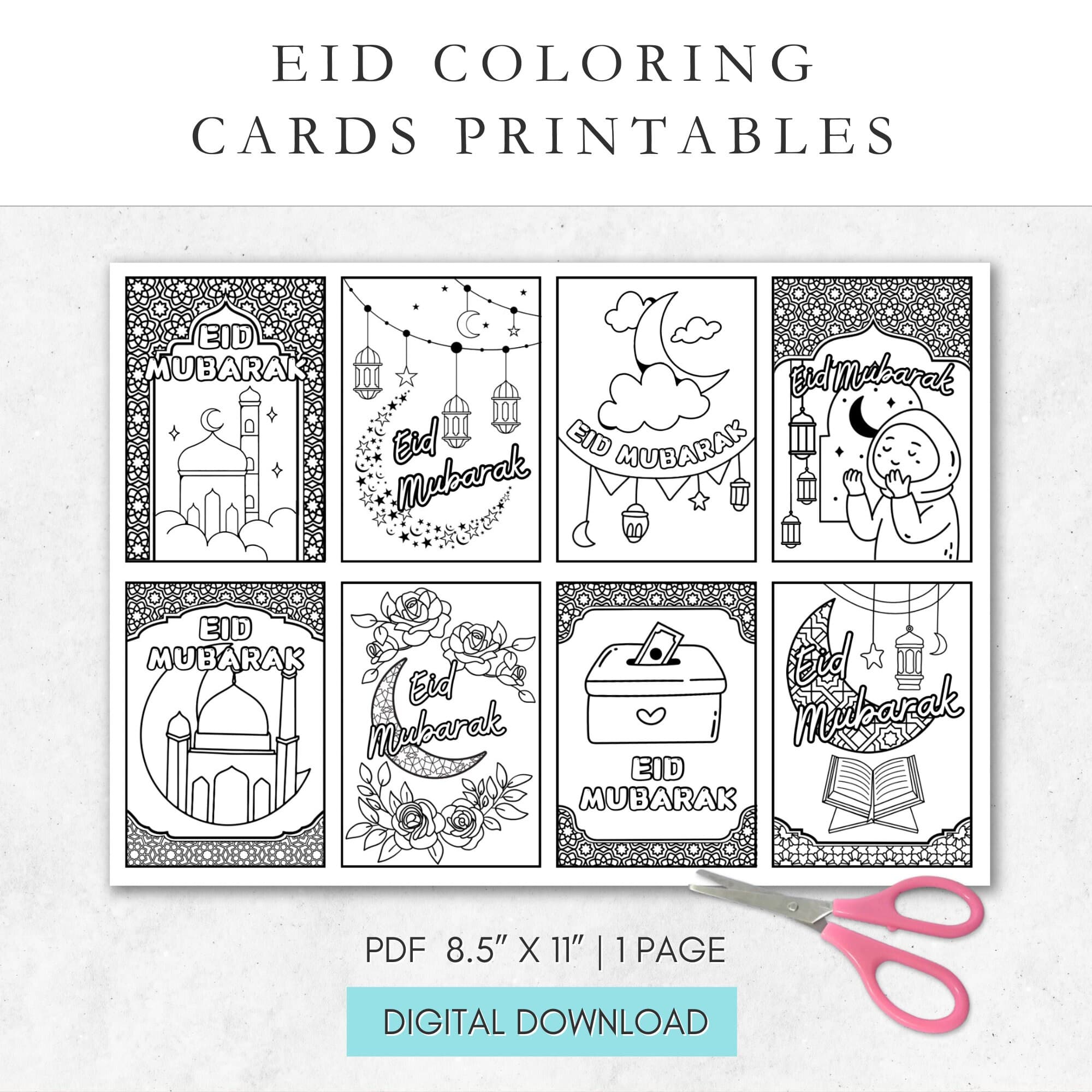Black and white Eid coloring cards for kids, featuring Eid Mubarak designs. Islamic greeting cards digital download, perfect for DIY Eid card printables and fun Ramadan activities.